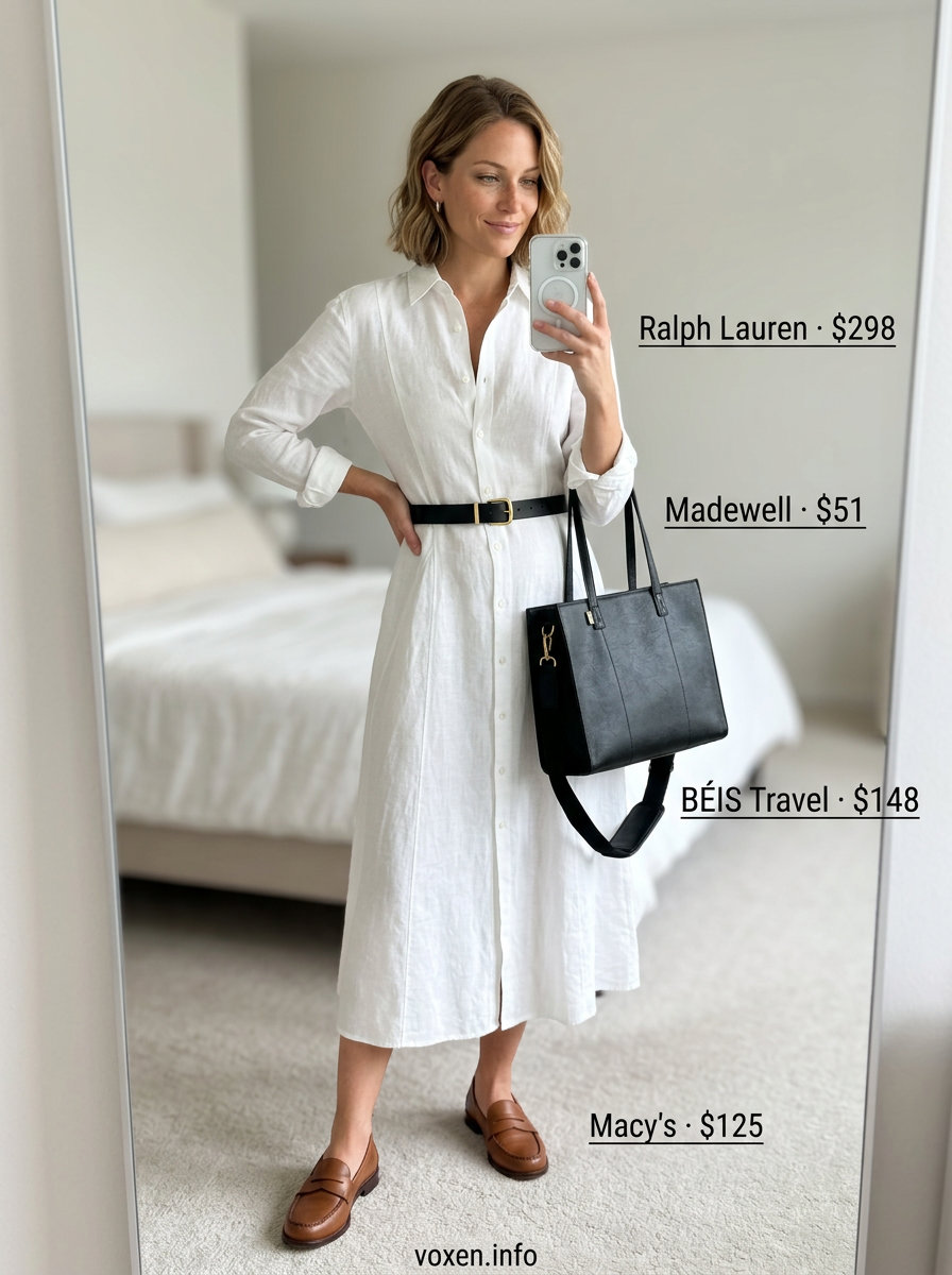 Polished White Linen Shirt Dress 2026 Sophisticated white linen shirt dress with tan loafers, black belt, and structured tote. What to wear with white dress summer 2026.