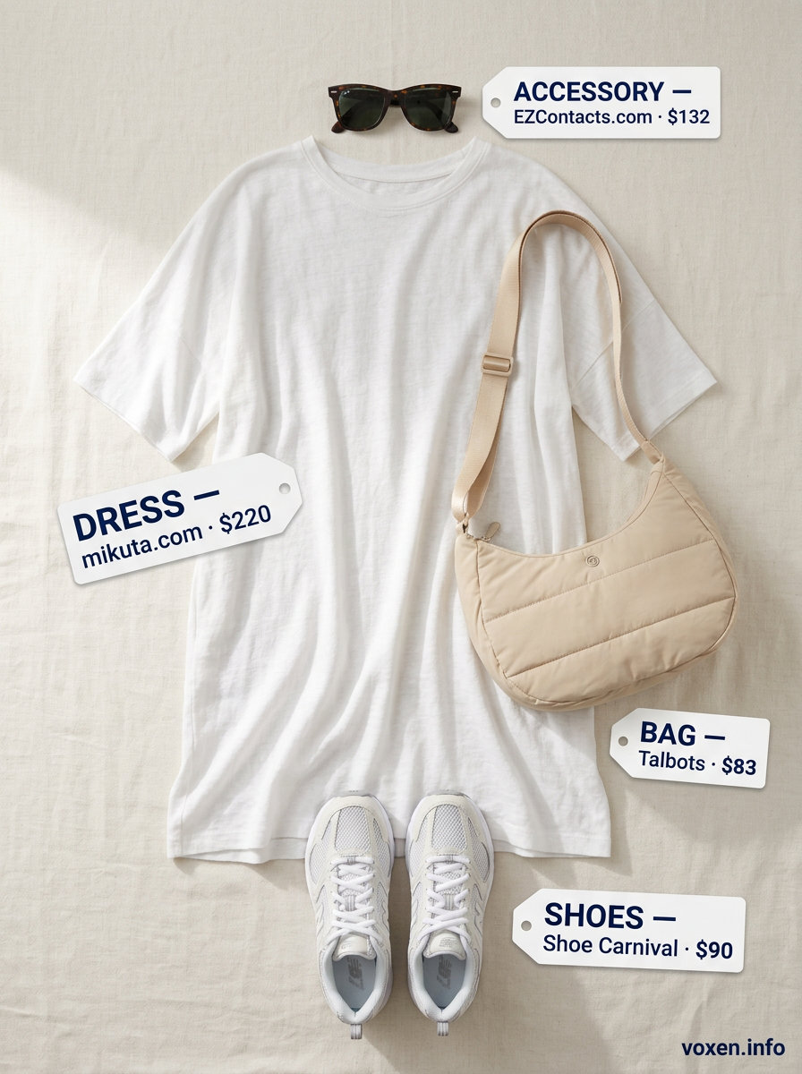 Casual White Linen Dress Outfit 2026 Relaxed white linen t-shirt dress with sneakers, beige crossbody, and tortoiseshell sunglasses. What to wear with white dress summer 2026.