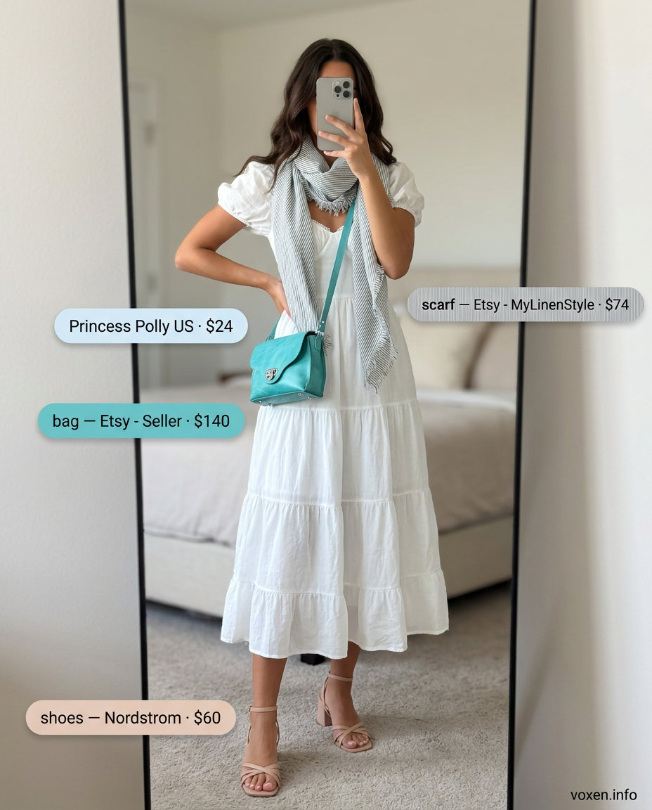 Brunch White Dress Outfit 2026 What to Wear with White Dress Summer 2026: Brunch outfit with white tiered dress, tan sandals, blue scarf, and crossbody bag.