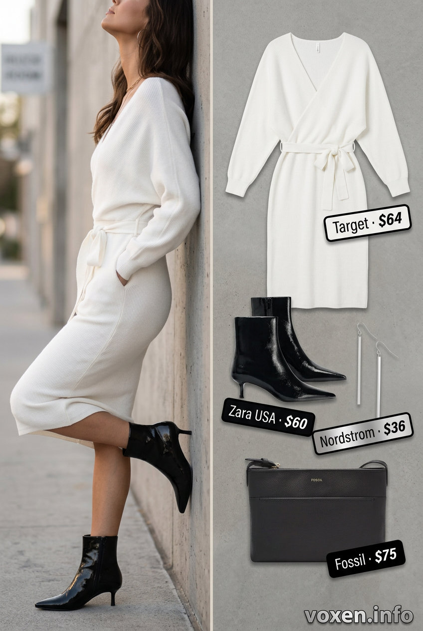 Chic White Wrap Dress Outfit 2026 Modern white jersey wrap dress with black crossbody, silver earrings, and black ankle boots. What to wear with white dress summer 2026.