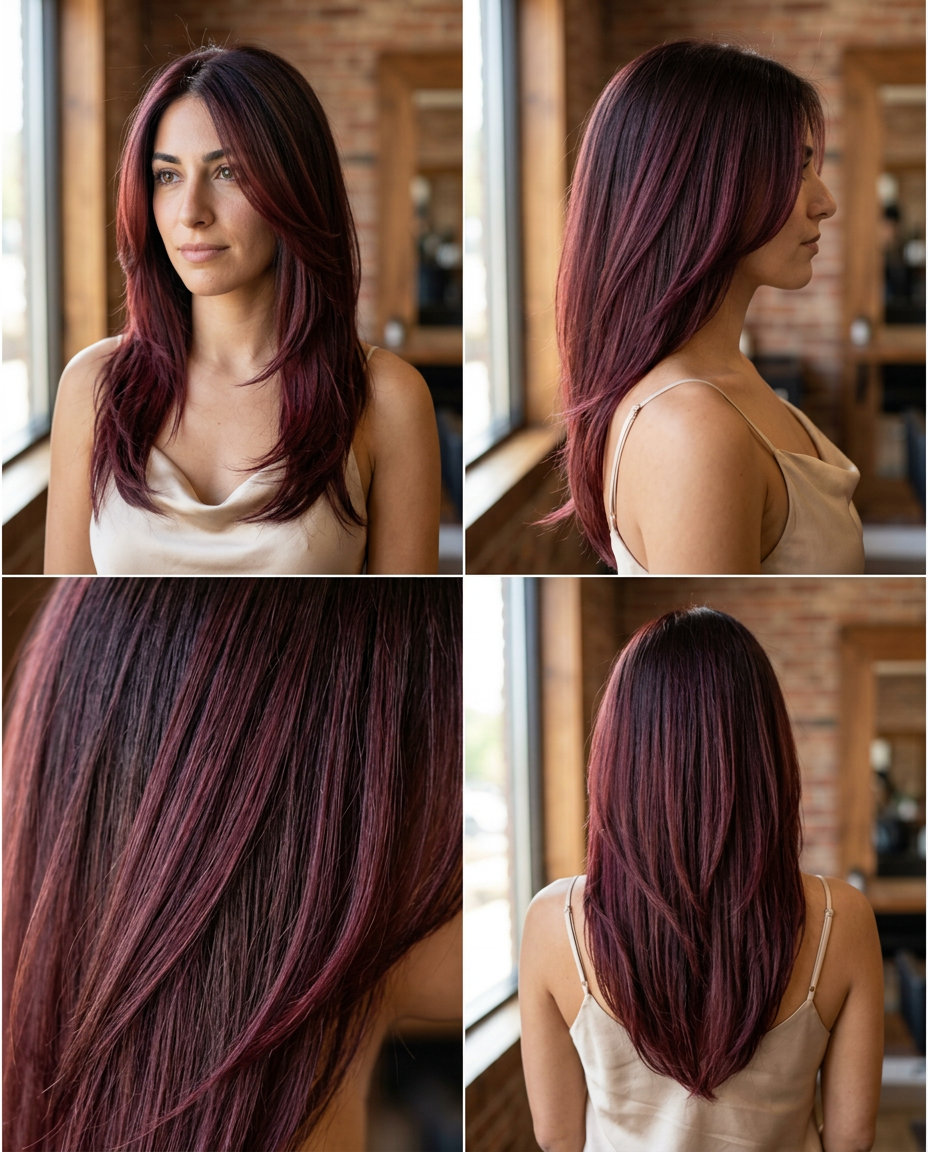 long layered burgundy haircut with merlot cabernet balayage and face-framing layers for elegant events