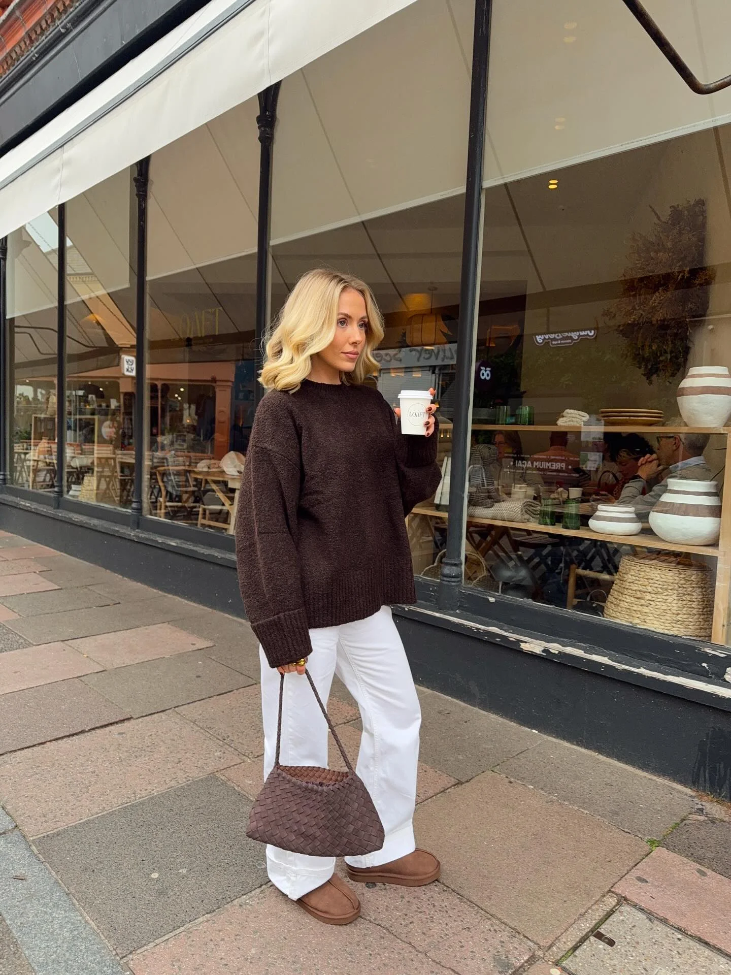 cozy & chic autumn outfits for women 2026 Rich Espresso Knit With Crisp White Denim