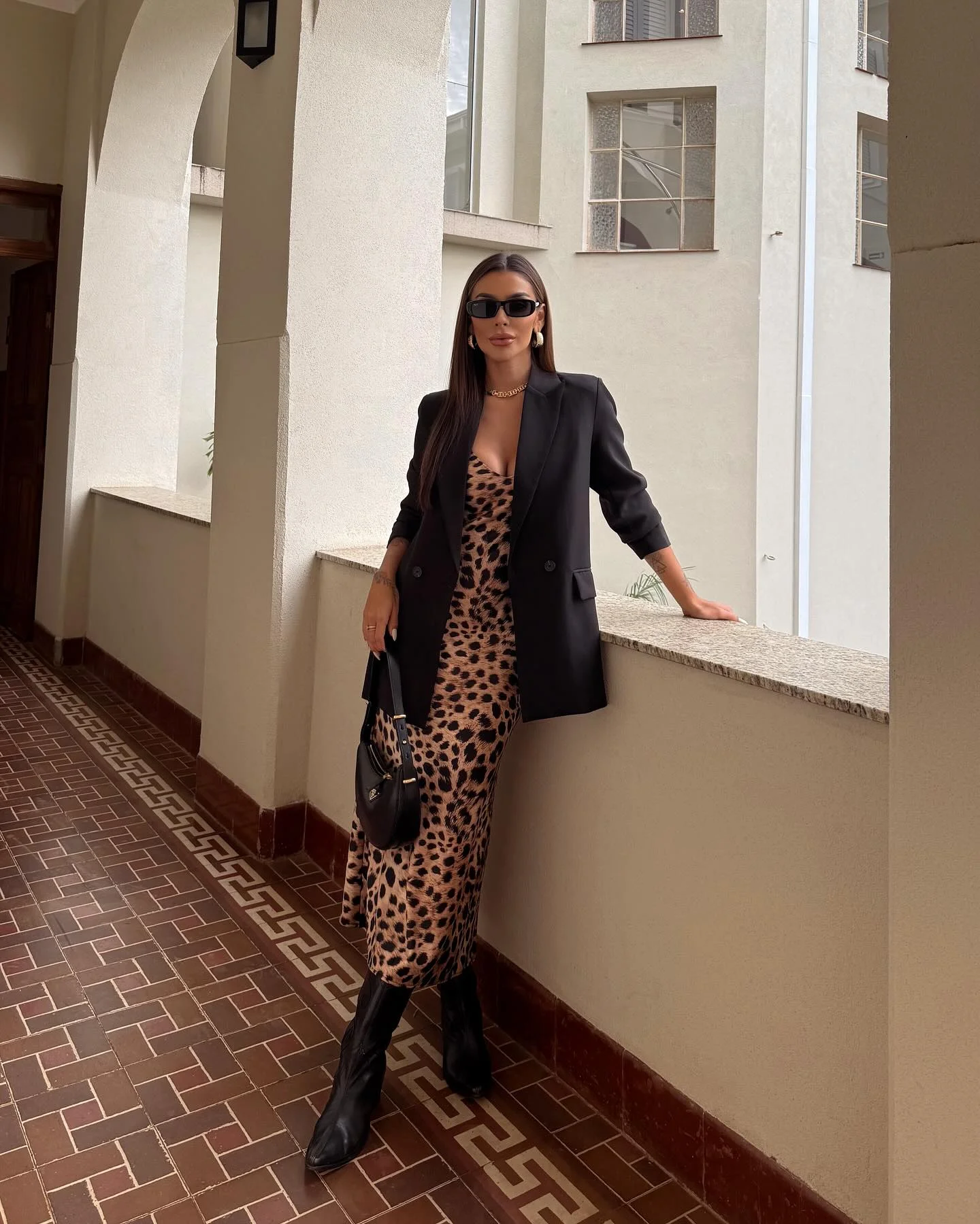 fall going out outfits 2026 Animal Print Dress With Sharp Black Tailoring