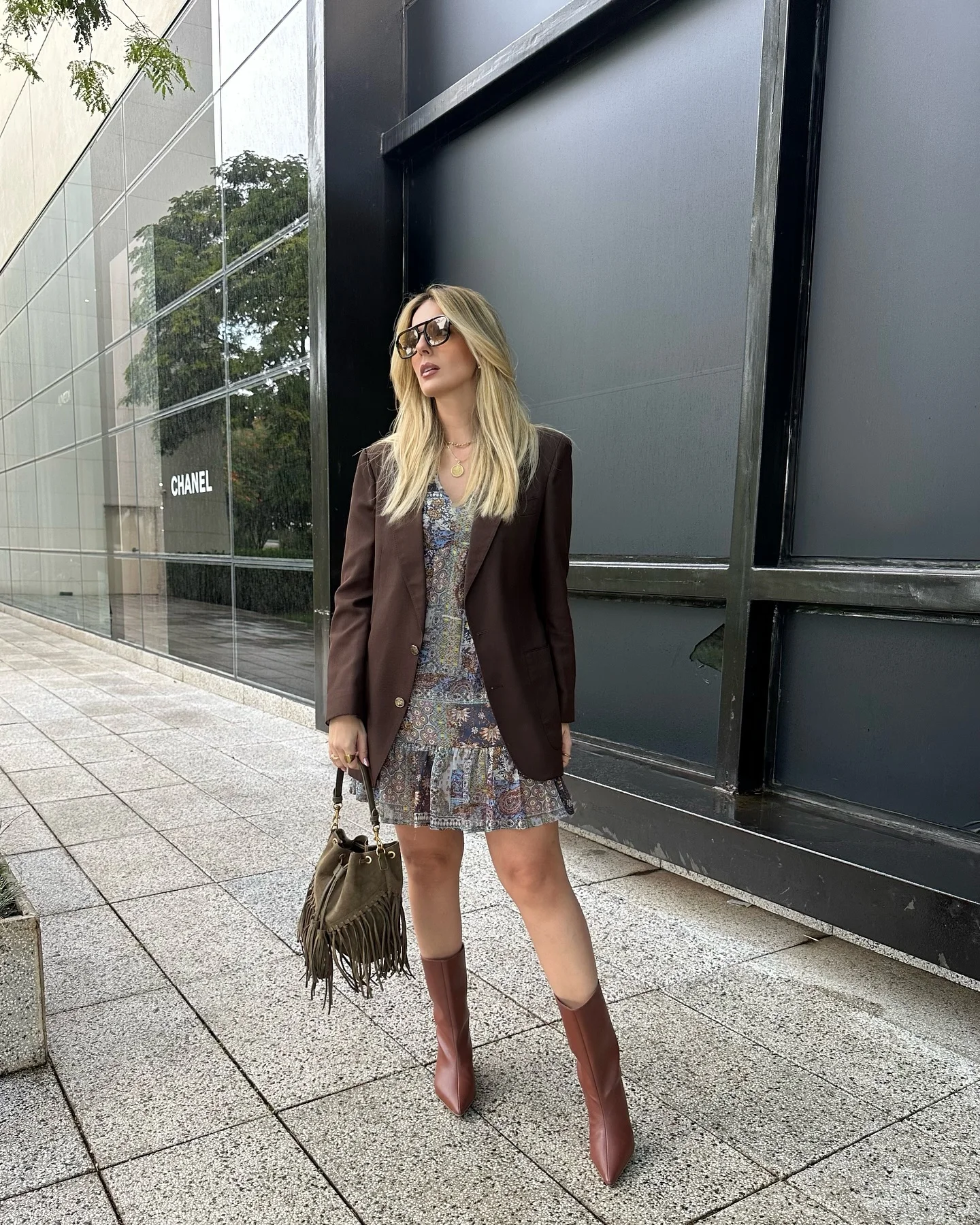 fall going out outfits 2026 Chocolate Blazer With A Romantic Printed Mini Dress