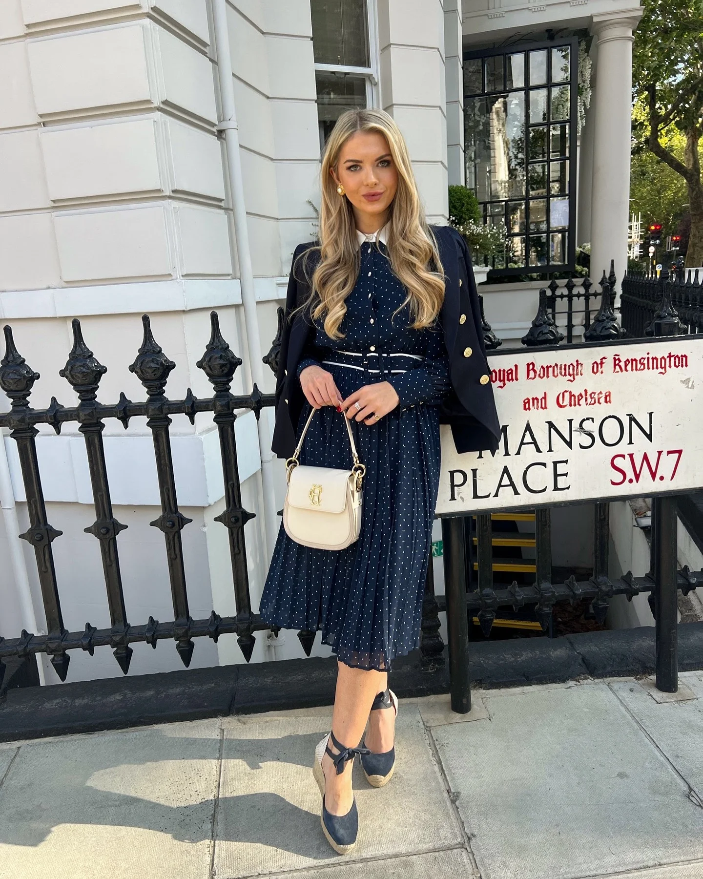 modest fall outfits 2026 Classic Navy Polka Dot Dress With Tailored Blazer