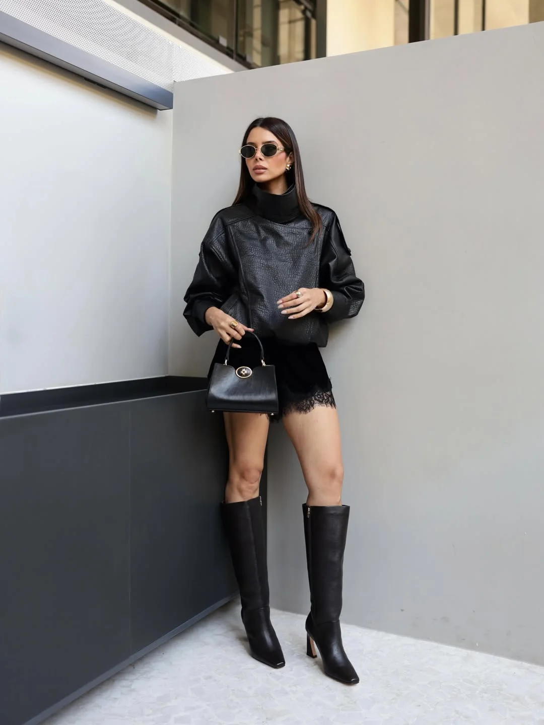 fall going out outfits 2026 Modern All Black Leather With Lace Accents