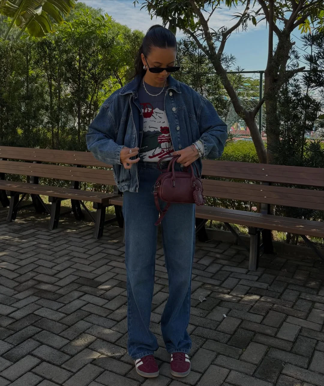 nice fall outfits 2026 Denim-On-Denim With Burgundy Autumn Accents
