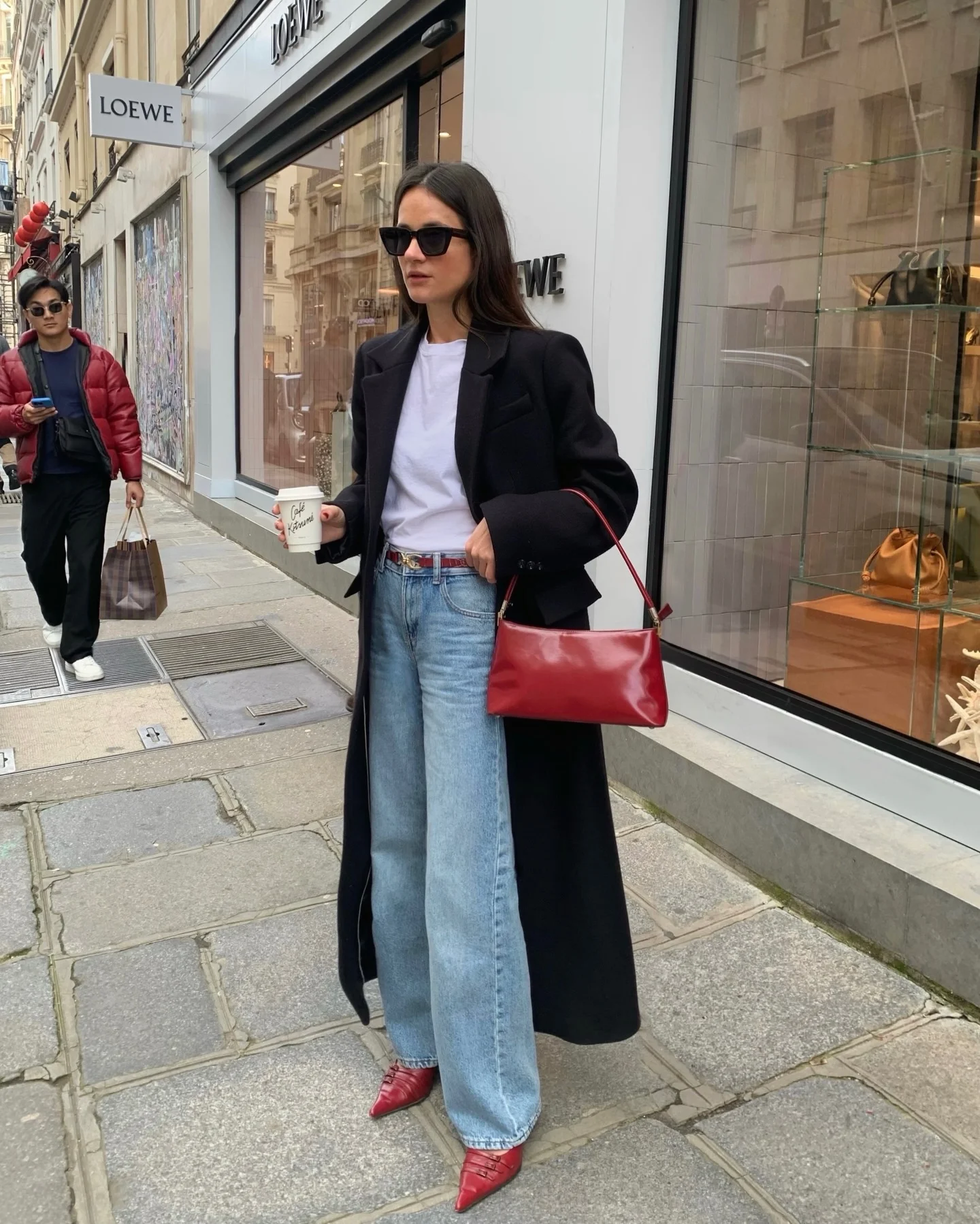 fall outfits with coat 2026 Classic Black Coat With Denim And Bold Red Accessories