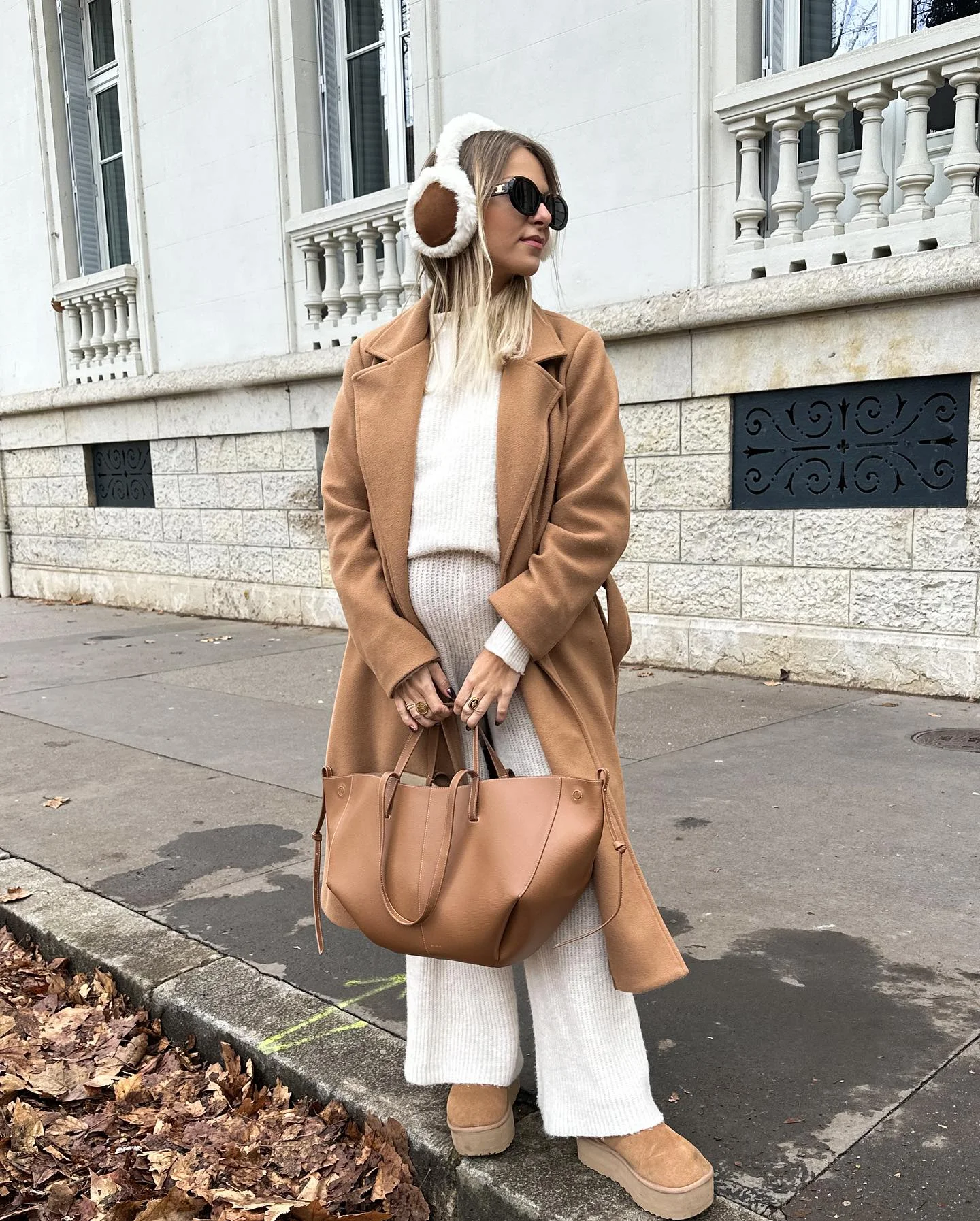 fall pregnancy outfits 2026 Soft Neutral Layers With Platform Uggs For Cold Mornings