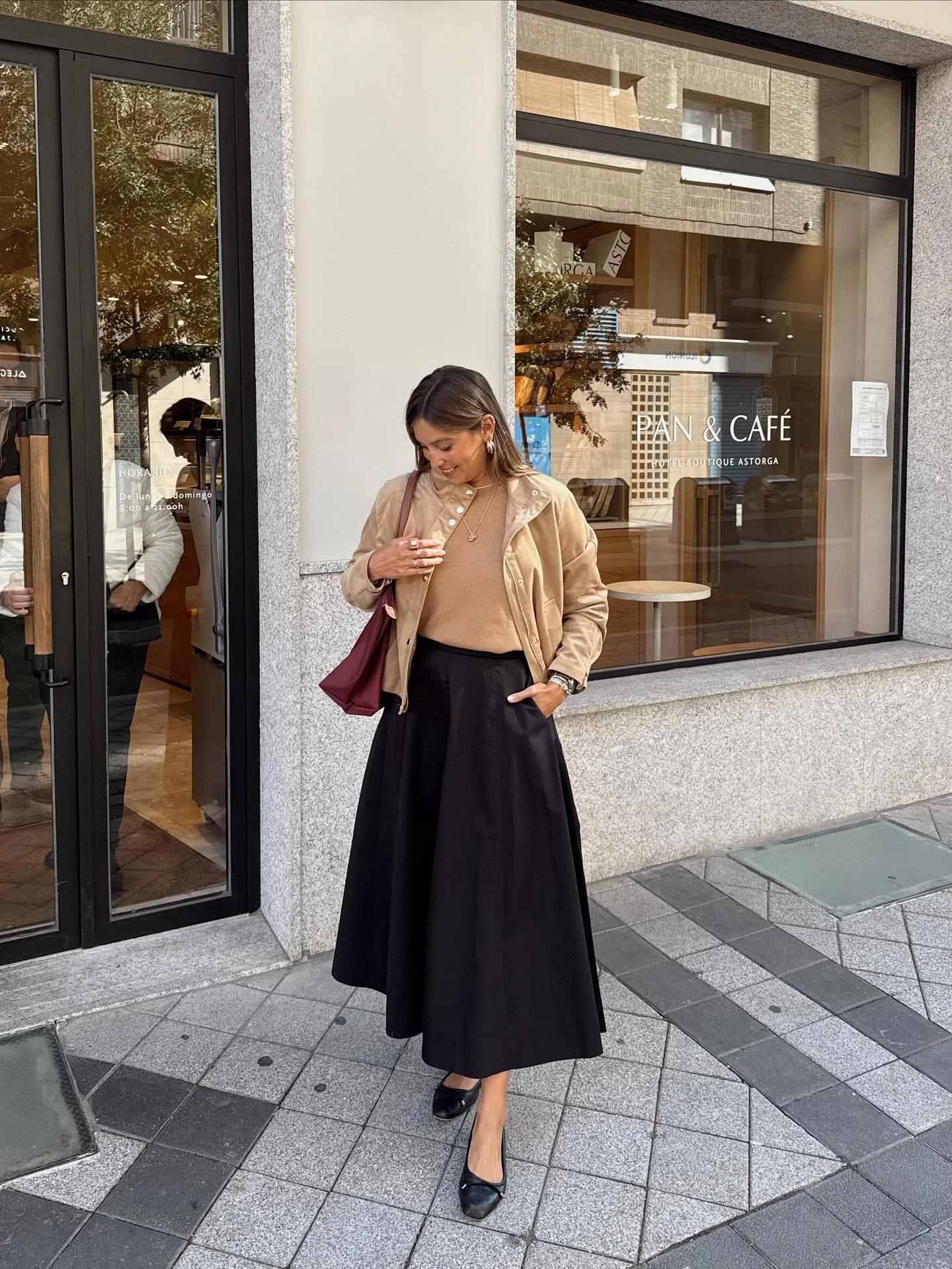 modest fall outfits 2026 Soft Neutrals With A Full Black Midi Skirt