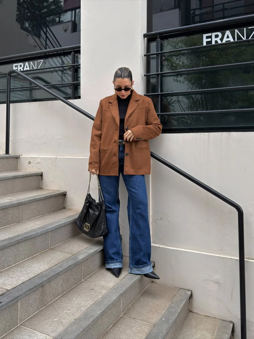 simple fall outfits 2026 Warm Cognac Blazer And Wide-Leg Denim Balance