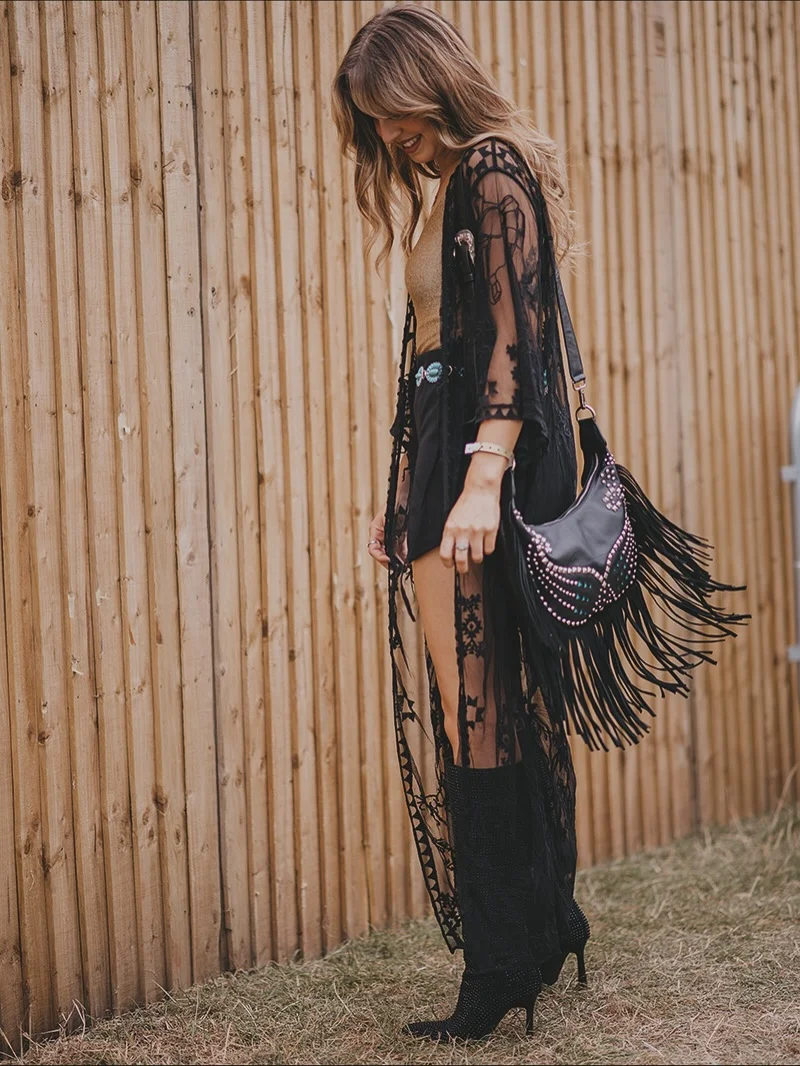 boho chic fall outfits 2026 Statement Lace Layers With Festival-Inspired Fringe Details
