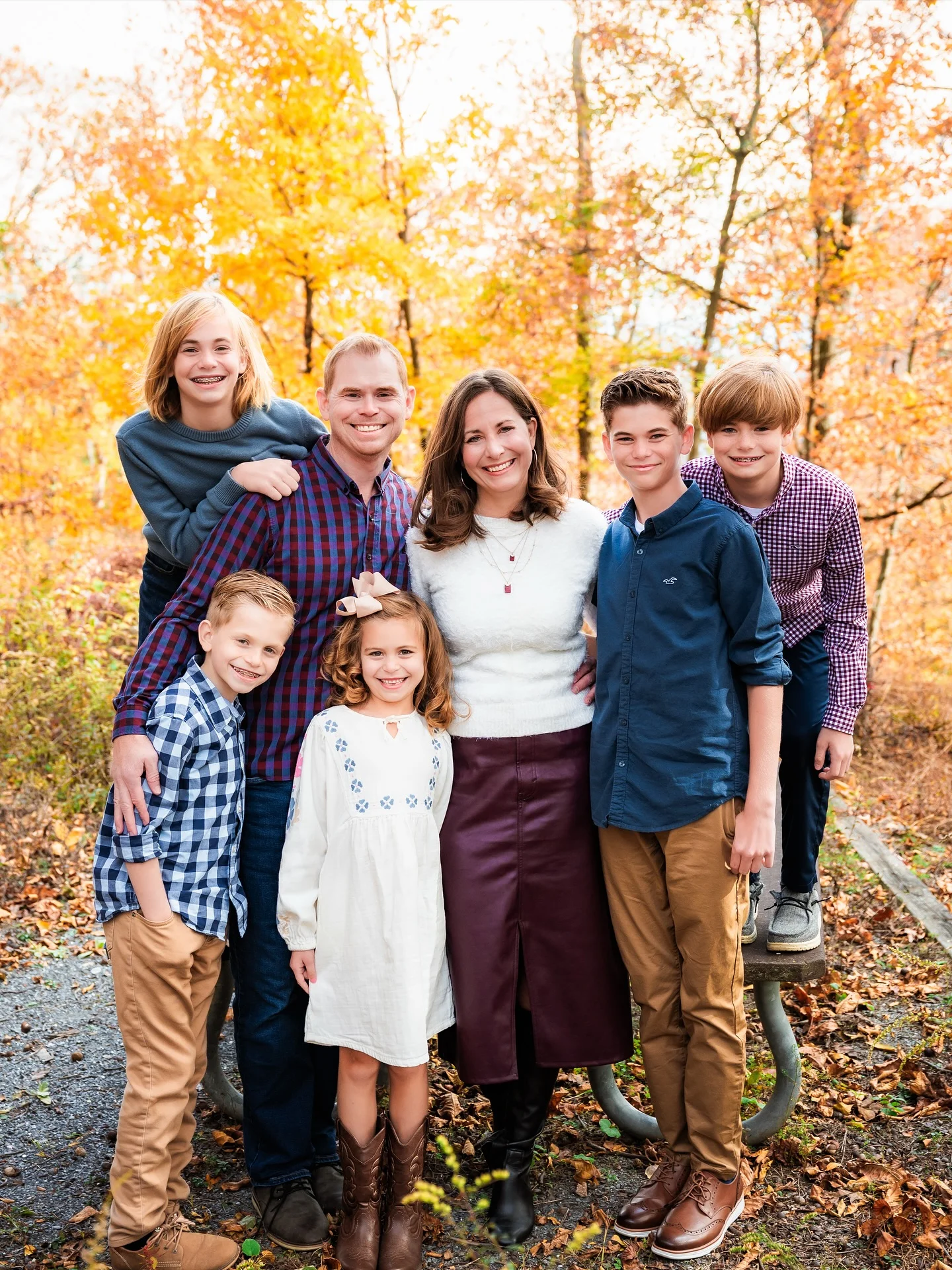 fall family picture outfits 2026 Burgundy And Plaid Layers For A Large Family Gathering