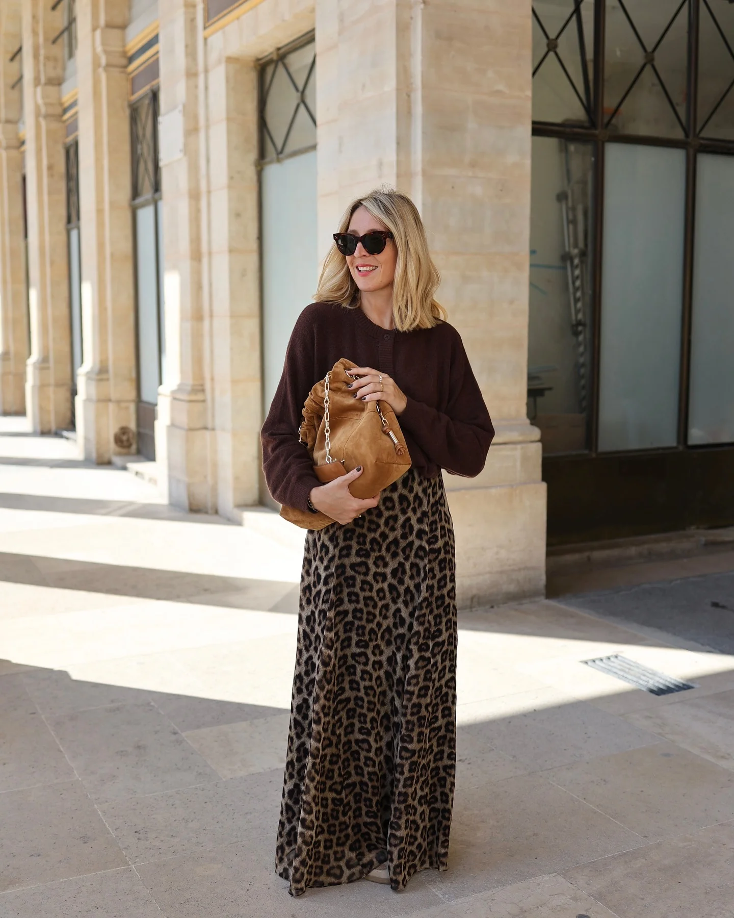 modest fall outfits 2026 Chocolate Knit With A Leopard Maxi Skirt