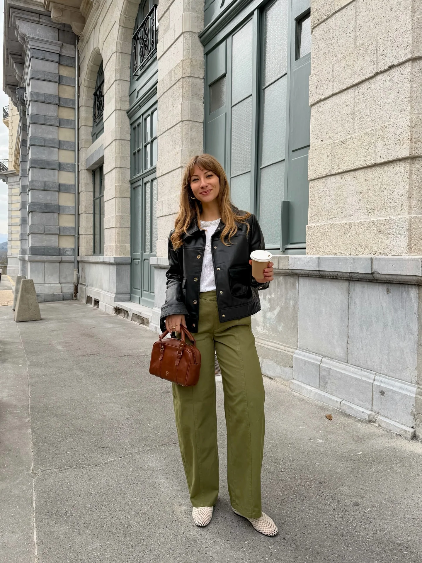 nice fall outfits 2026 Black Leather Jacket With Olive Wide-Leg Pants