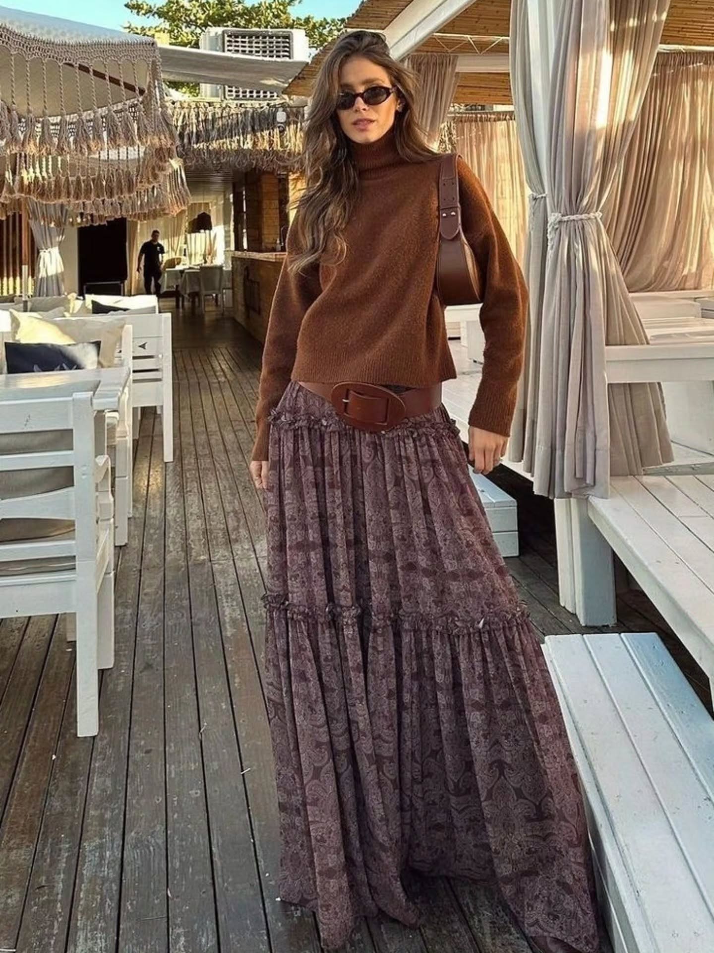 boho chic fall outfits 2026 Rich Chocolate Tones With Romantic Boho Skirts