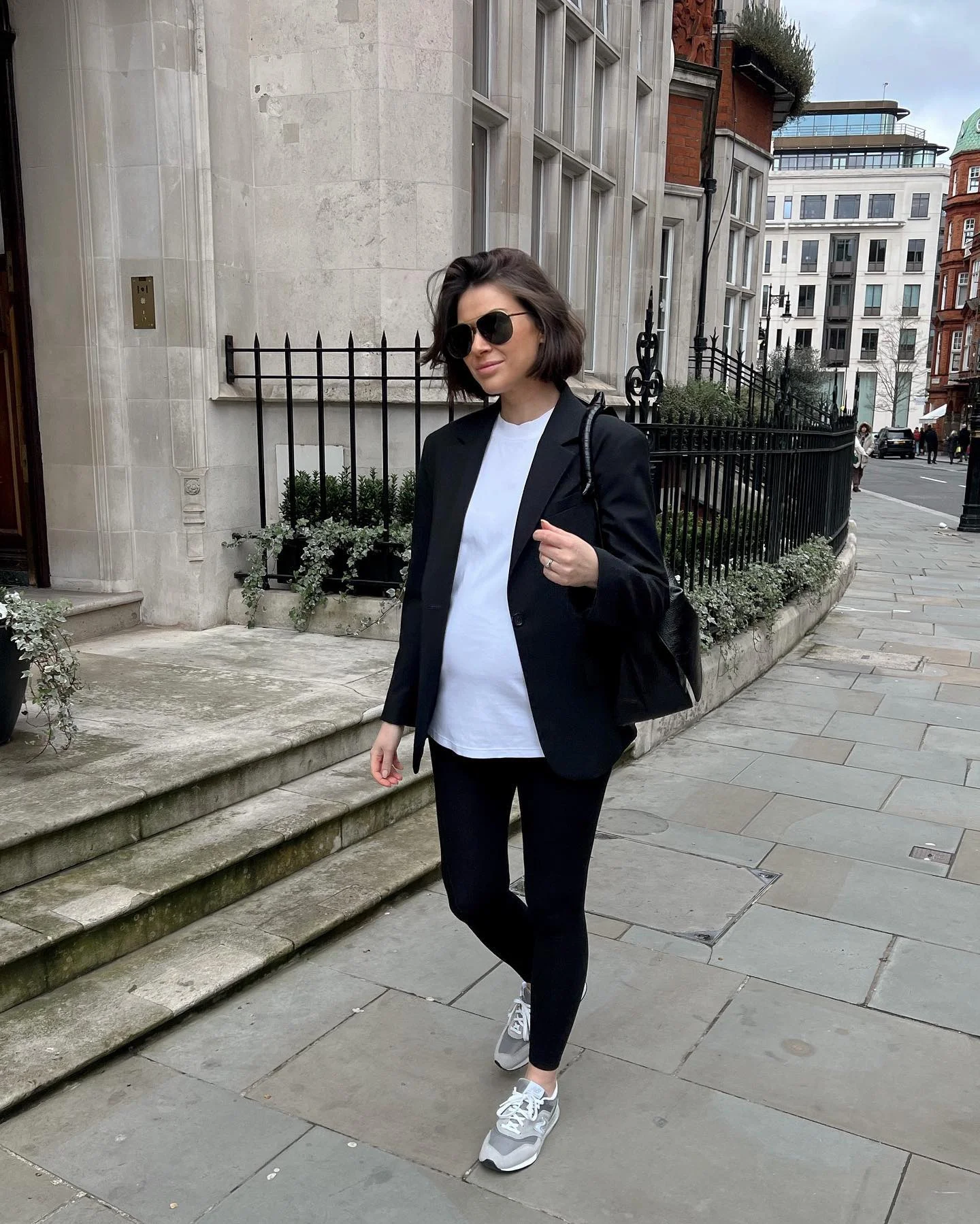 fall pregnancy outfits 2026 Classic Black Blazer With Leggings For Busy Days