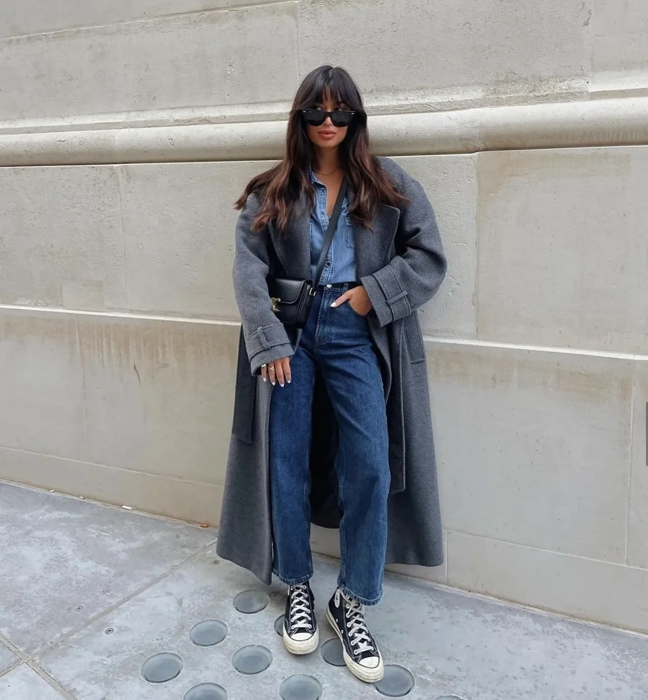 fall outfits with coat 2026 Relaxed Denim And Oversized Grey Coat For Everyday Chic