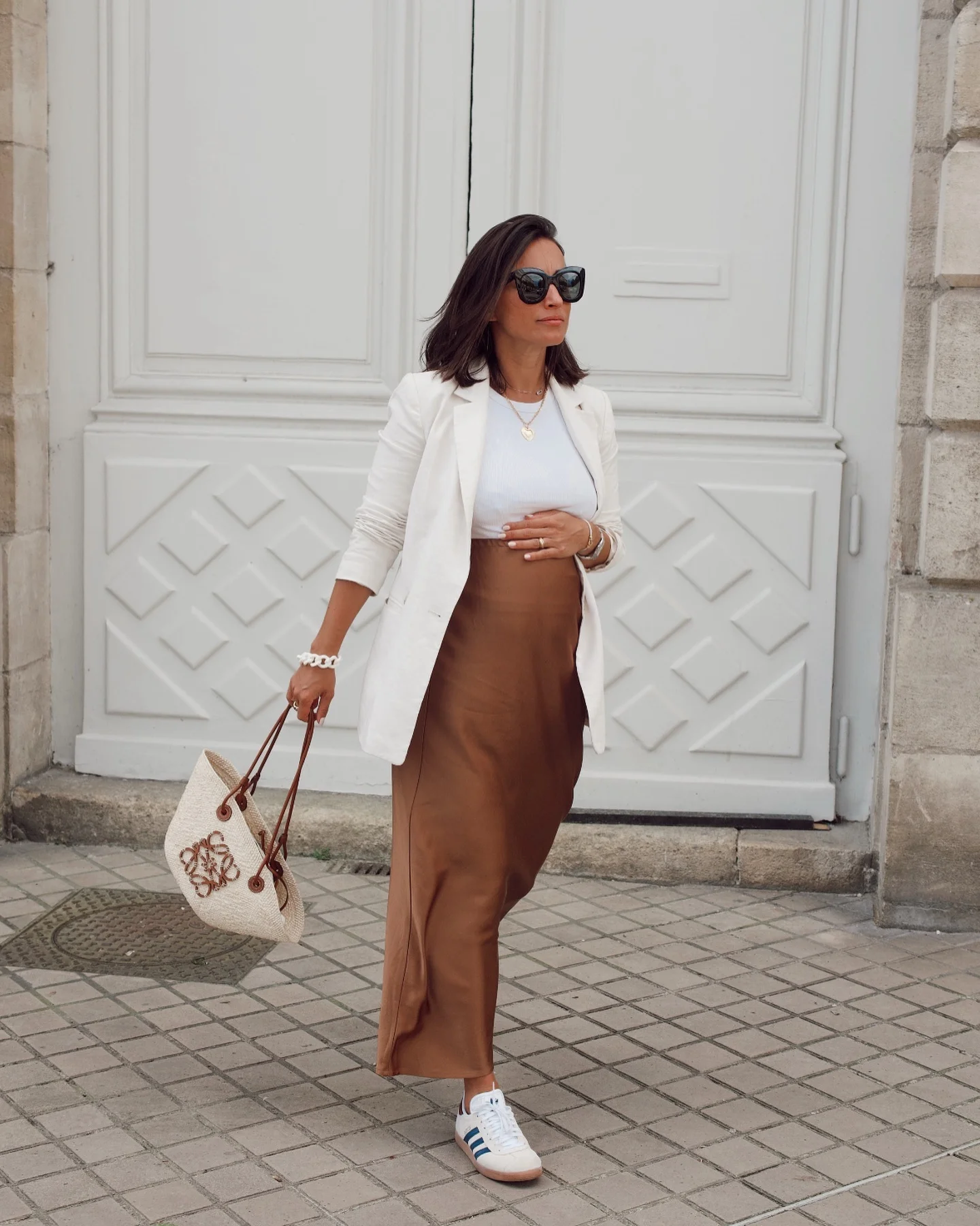 fall pregnancy outfits 2026 White Blazer And Satin Skirt For Elegant Fall Moments