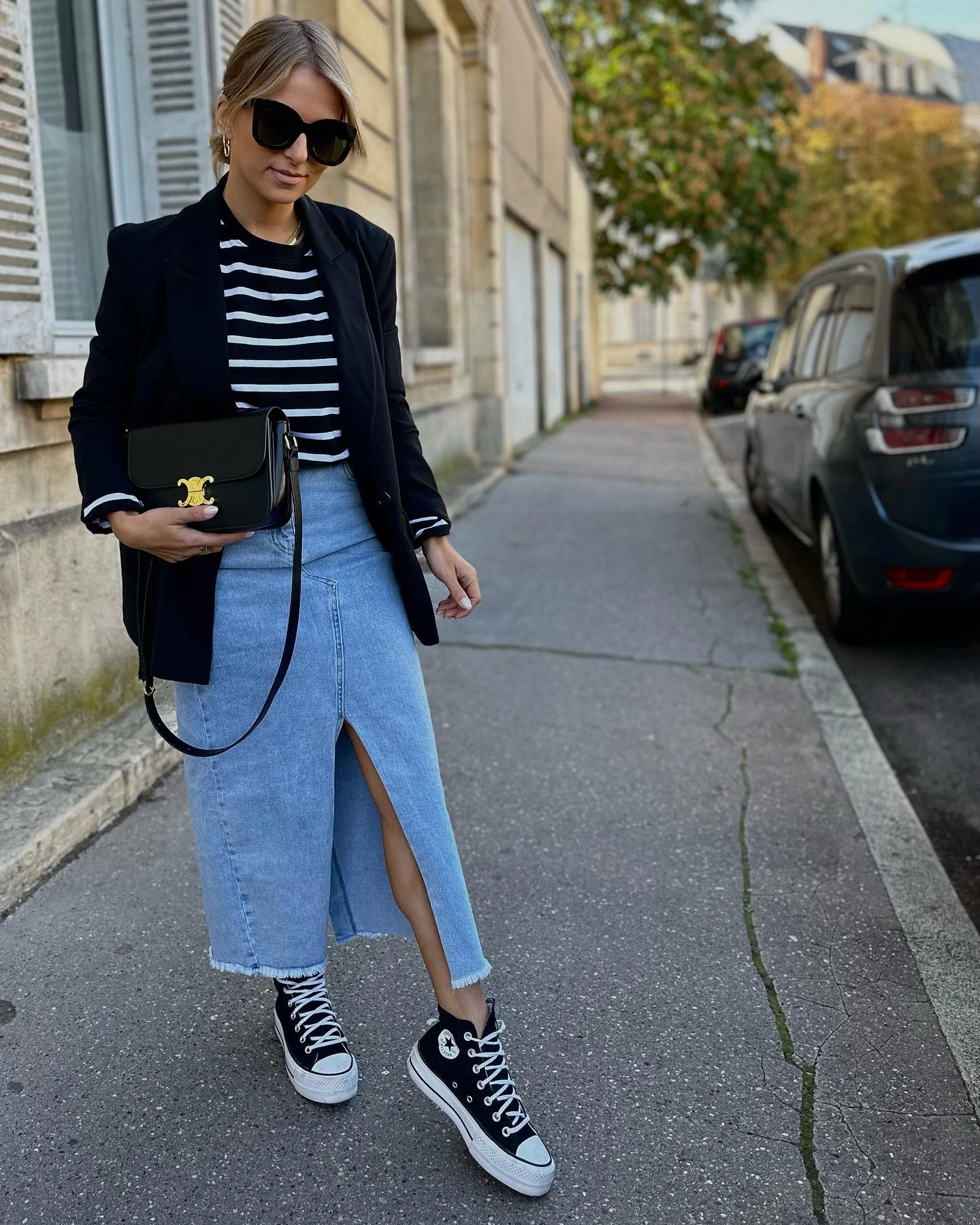 modest fall outfits 2026 Classic Breton Stripes With A Modern Denim Midi Skirt