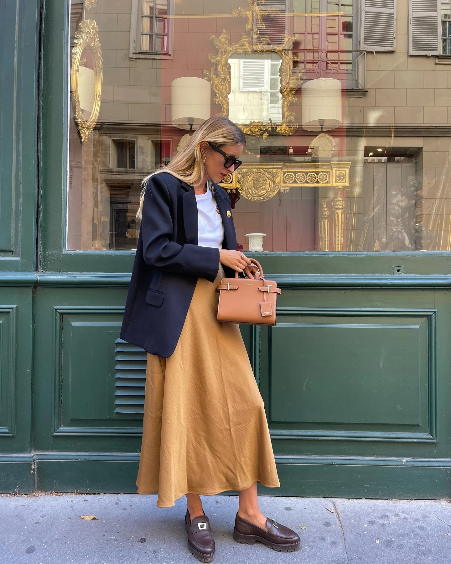 modest fall outfits 2026 Classic Camel Skirt And Navy Blazer Elegance
