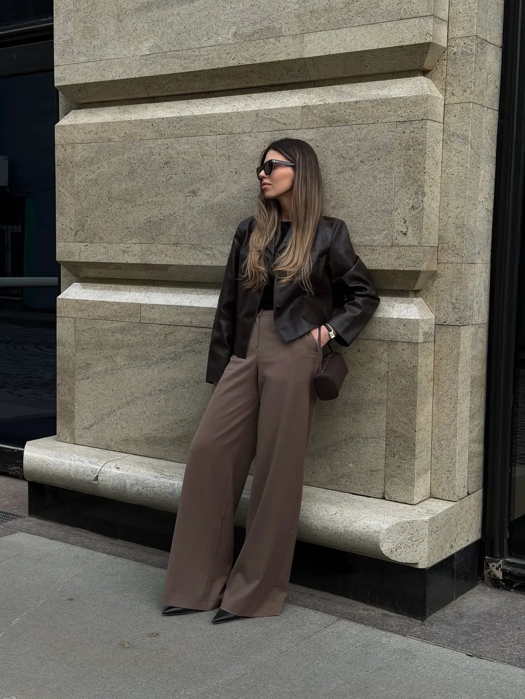 simple fall outfits 2026 Chocolate Leather And Flowing Trousers For Effortless Elegance