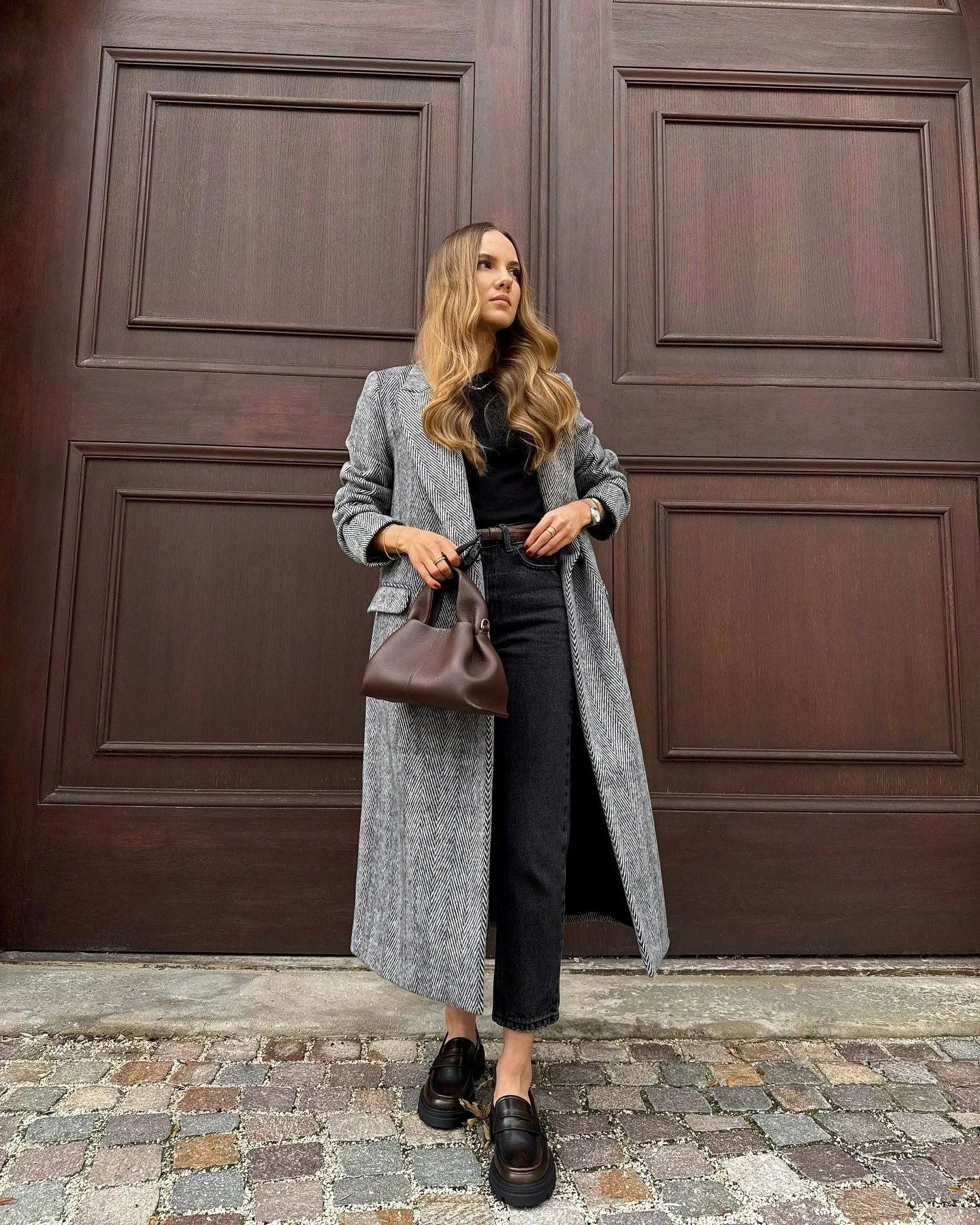 fall outfits with coat 2026 Classic Gray Herringbone And Dark Denim Refinement