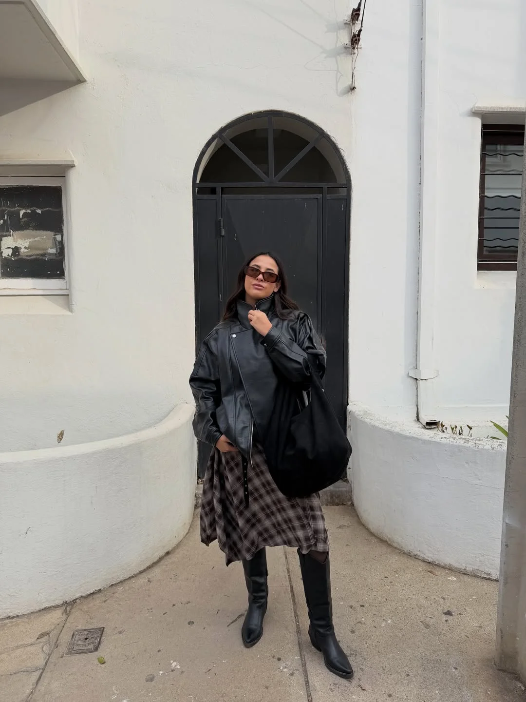 modest fall outfits 2026 Leather Layers With A Plaid Midi Skirt