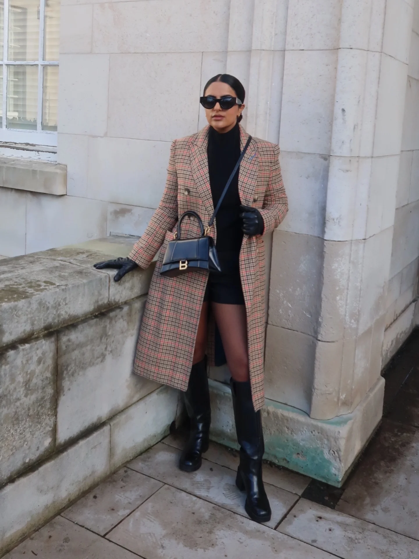 fall outfits with coat 2026 Tailored Check Coat With Modern Black Accessories