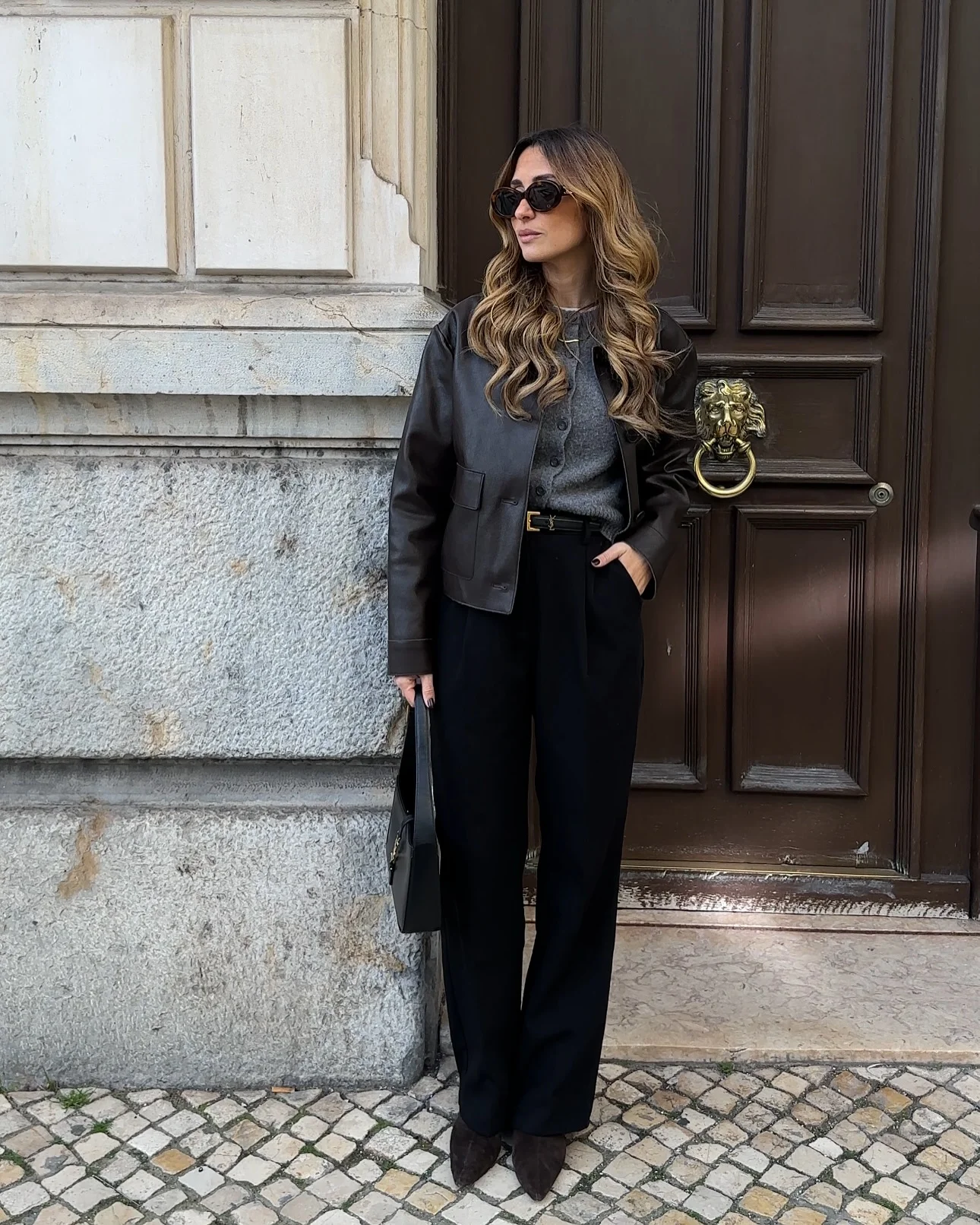 modest fall outfits 2026 Minimalist Leather Jacket With Tailored Wide-Leg Pants