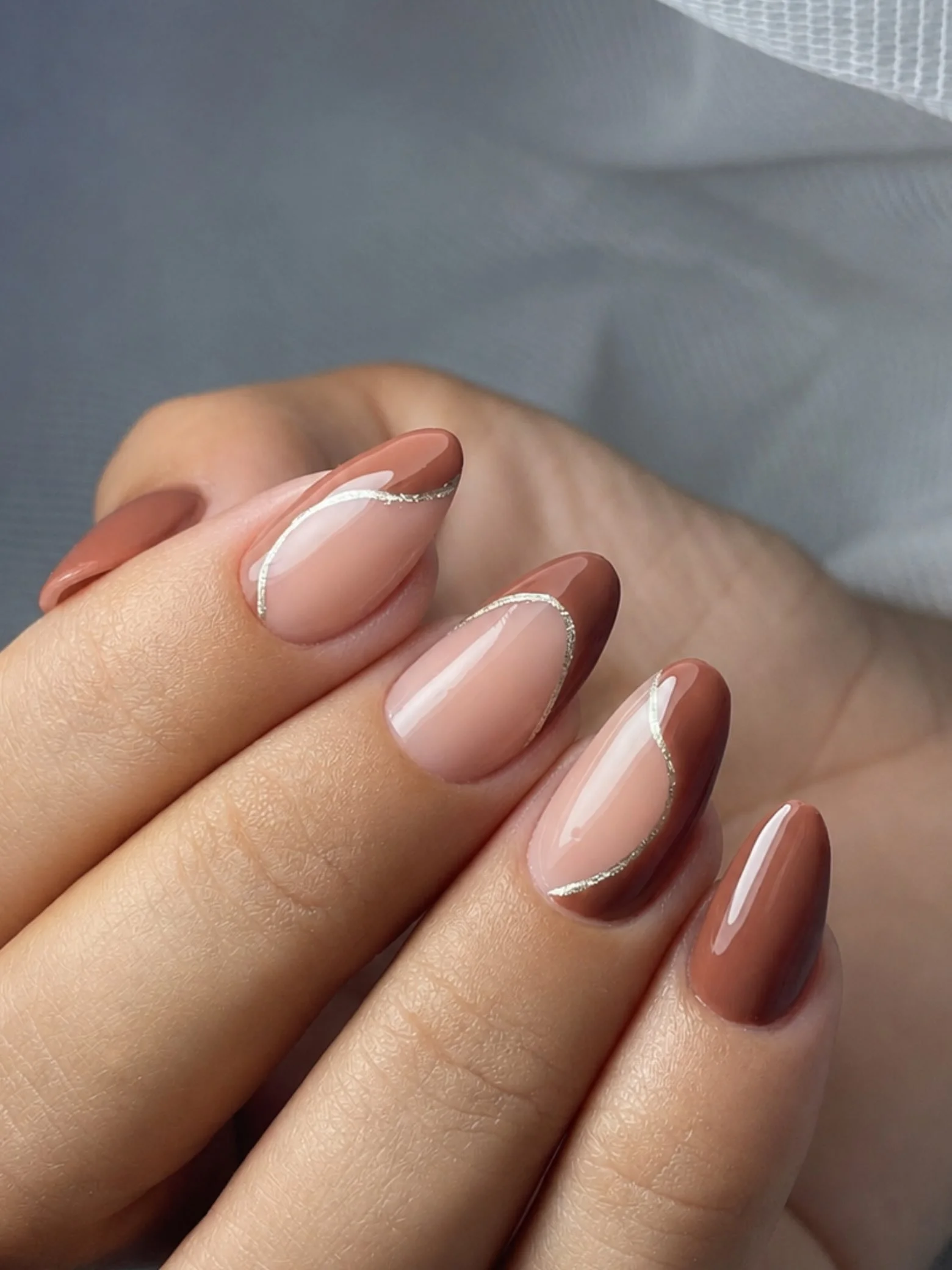 fall almond nails 2026 Mocha French Curves With Delicate Silver Details