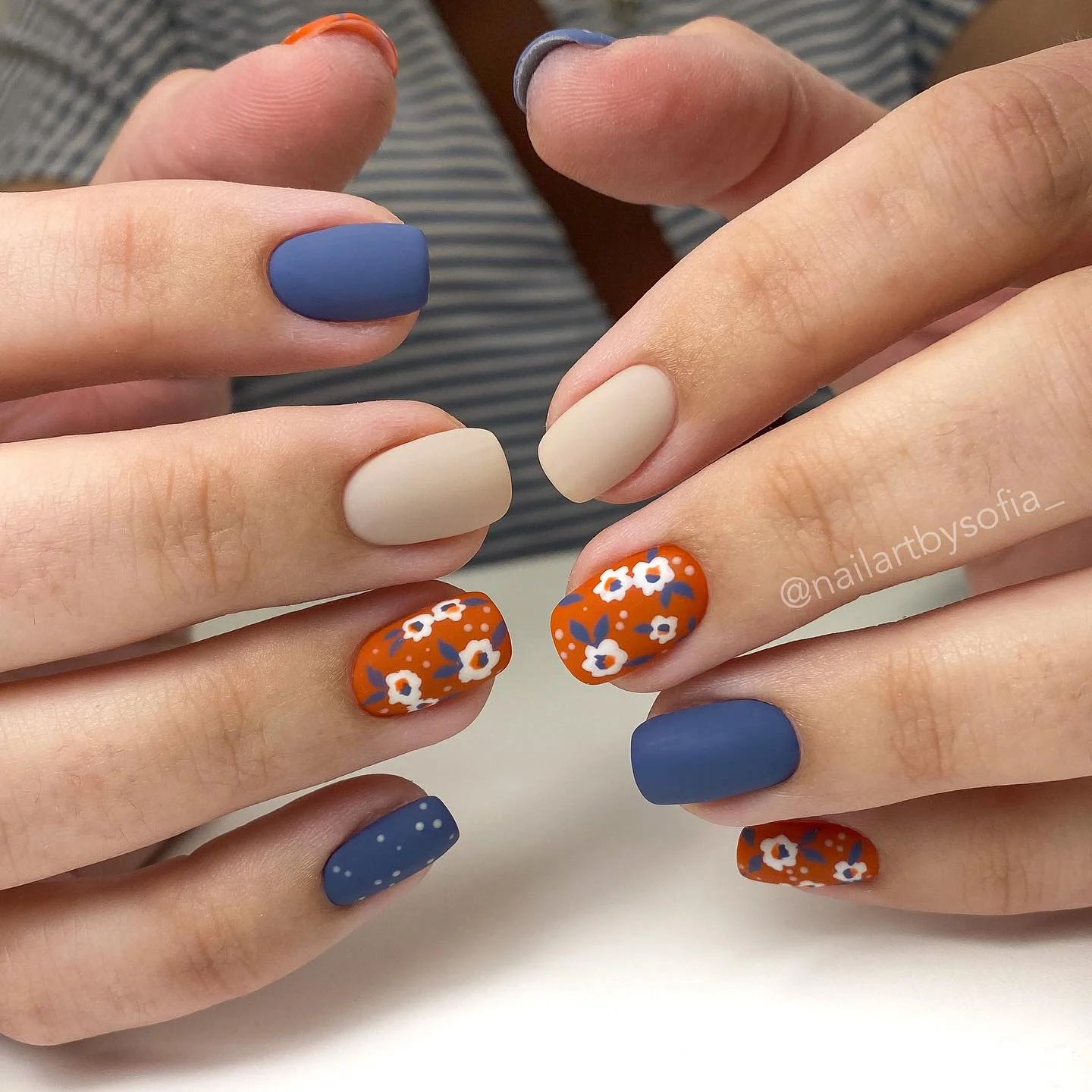 fall short nails 2026 Matte Blue And Burnt Orange Florals