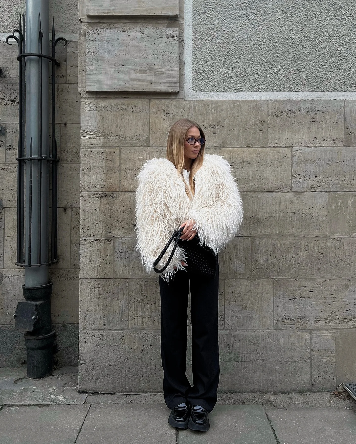 shaggy jacket Soft Ivory Texture With Relaxed Tailored Trousers