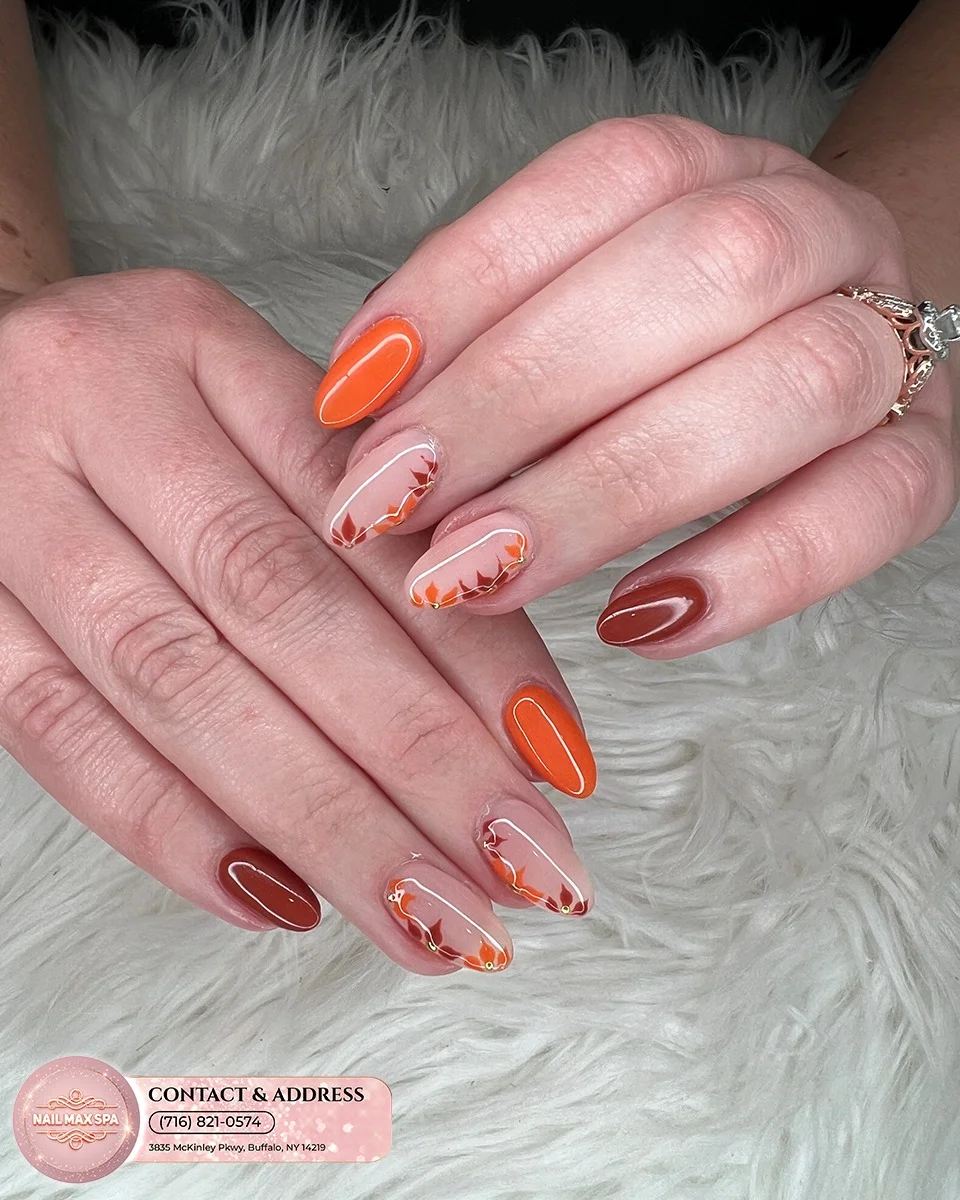 fall manicure 2026 Burnt Orange Glass Nails With Delicate Gold Details