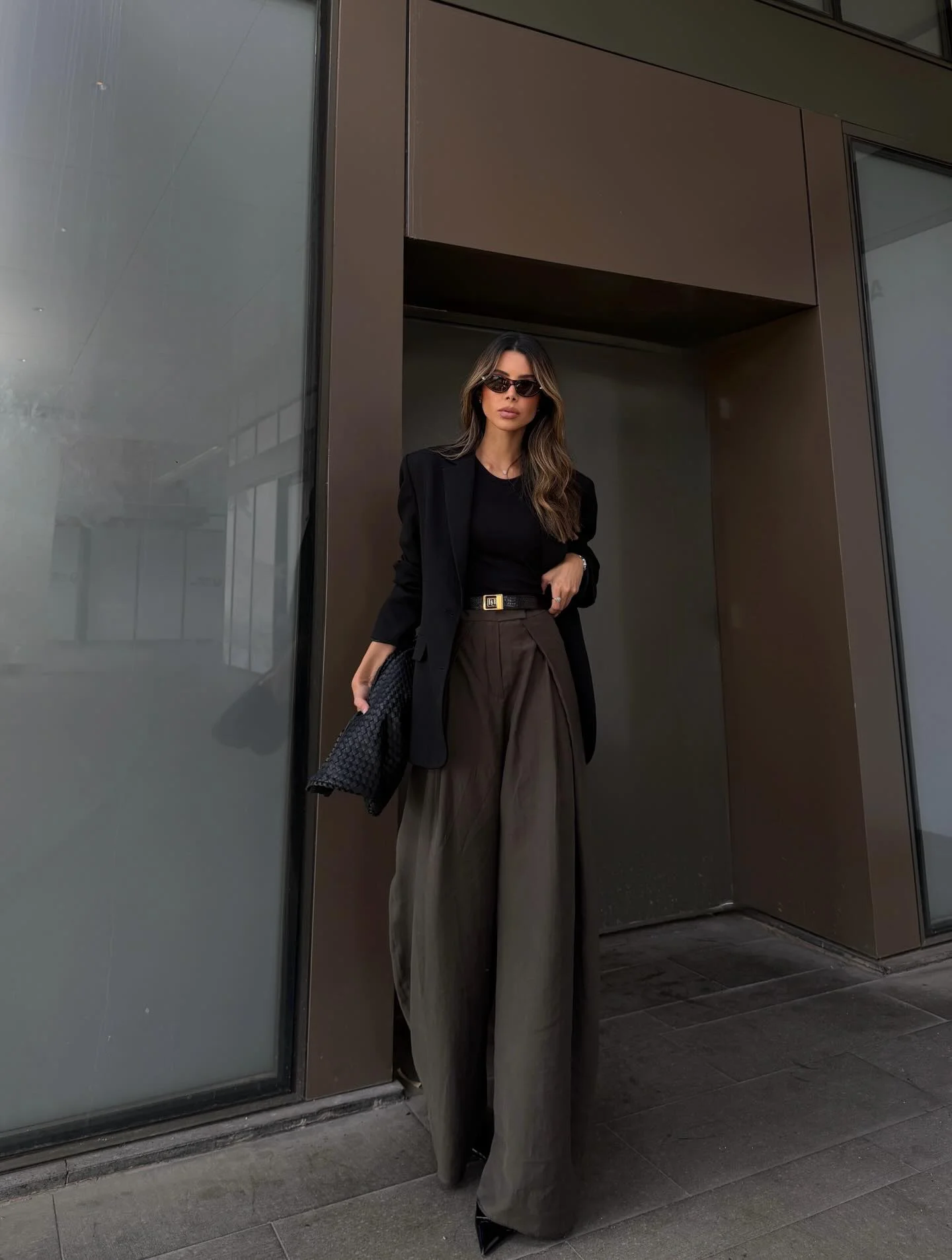 fall outfits wide leg trousers 2026 Black Blazer And Chocolate Trousers For Evening Sophistication