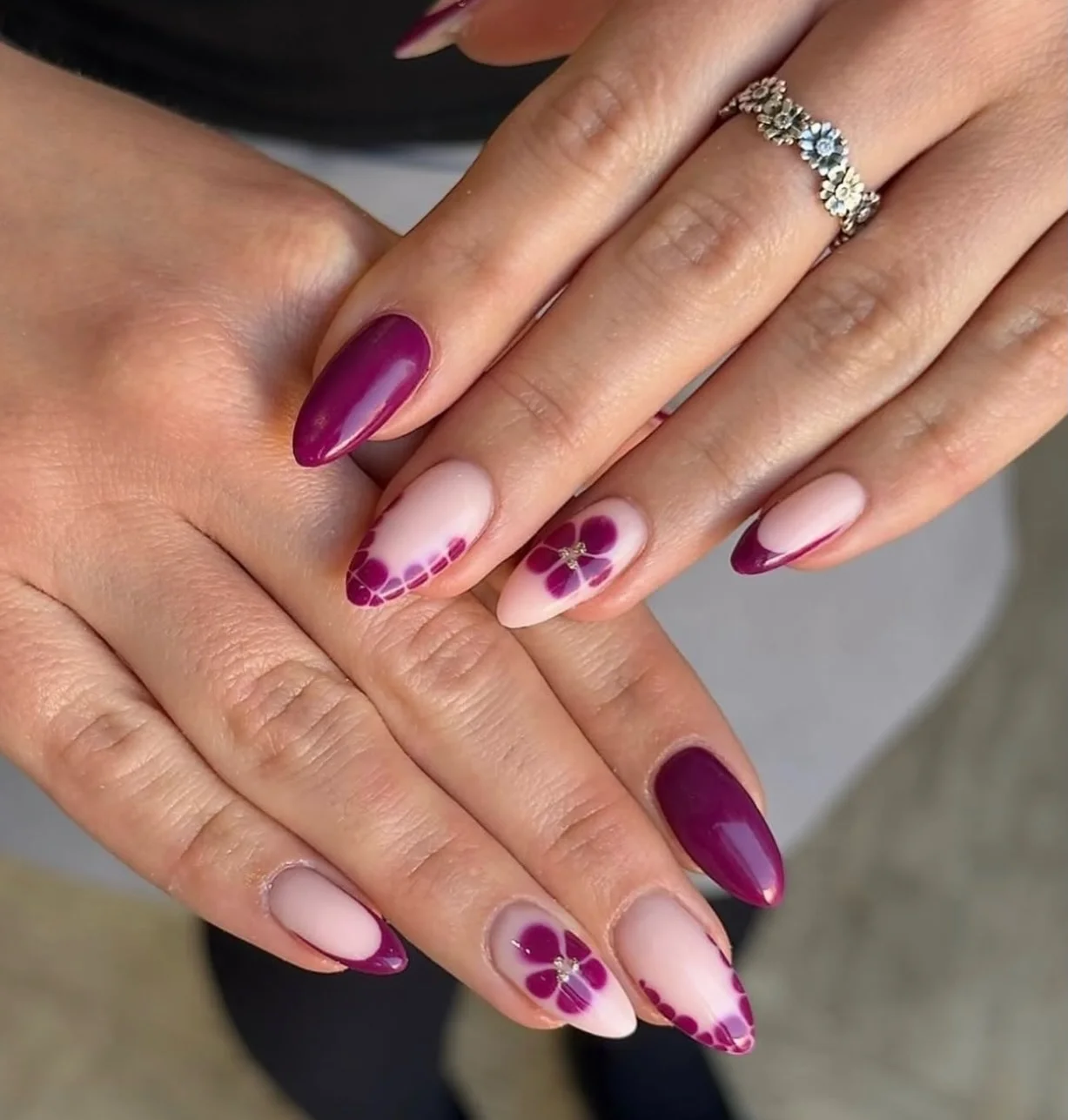 fall almond nails 2026 Plum Floral French With Elegant Berry Accents