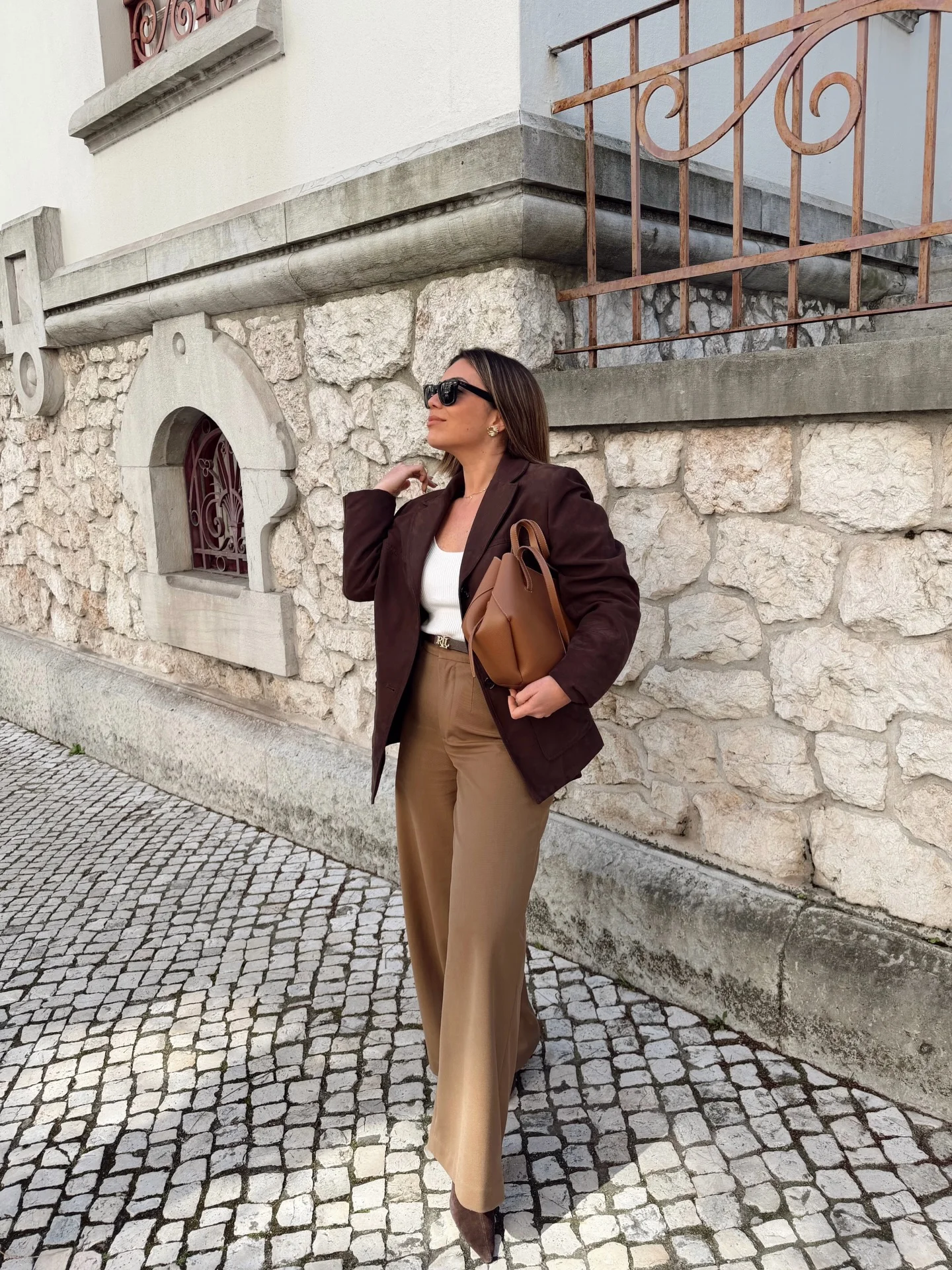 fall outfits wide leg trousers 2026 Rich Chocolate Blazer With Camel Wide Leg Elegance