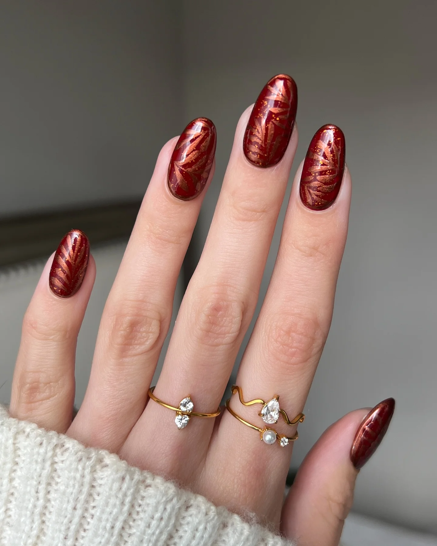 fall red nails 2026 Copper Botanical Shimmer For Elegant Autumn Evenings