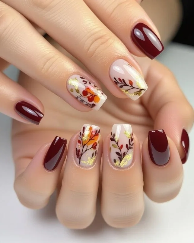 september nail art ideas 2026 Elegant Burgundy Botanical Nails With Golden Autumn Touches