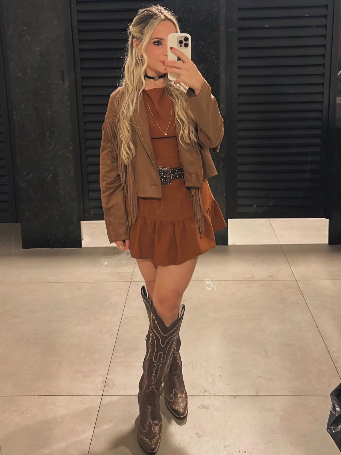 fall festival outfits 2026 Western Fringe Jacket With Cinnamon Mini Dress