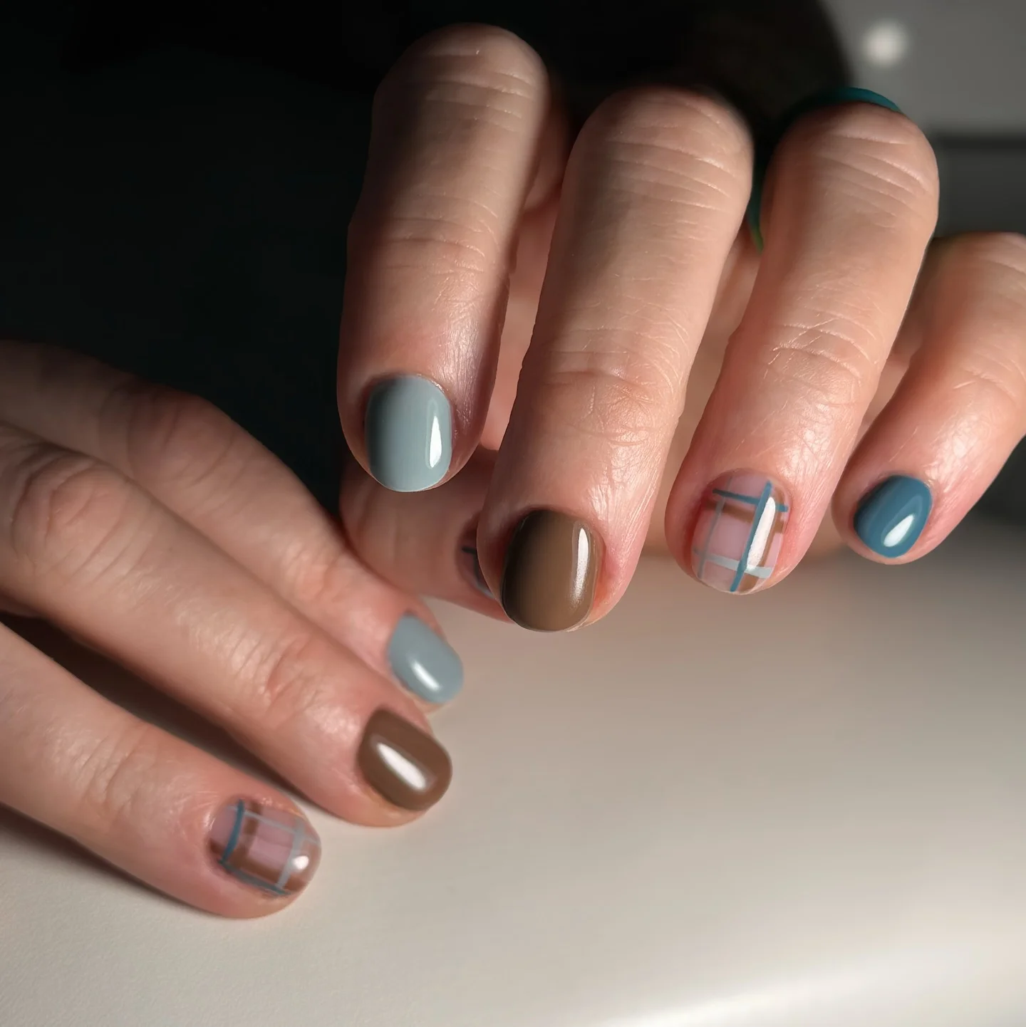 fall short nails 2026 Muted Plaid Autumn Color Block Nails