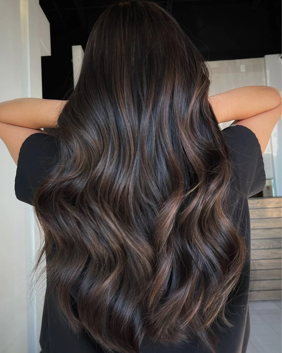 hair lowlights: color ideas and inspiration Glossy Espresso Waves With Hidden Dimension