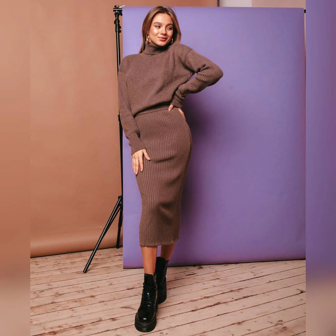 knit skirt outfits fall 2026 Chocolate Brown Matching Knit Set For Everyday Elegance