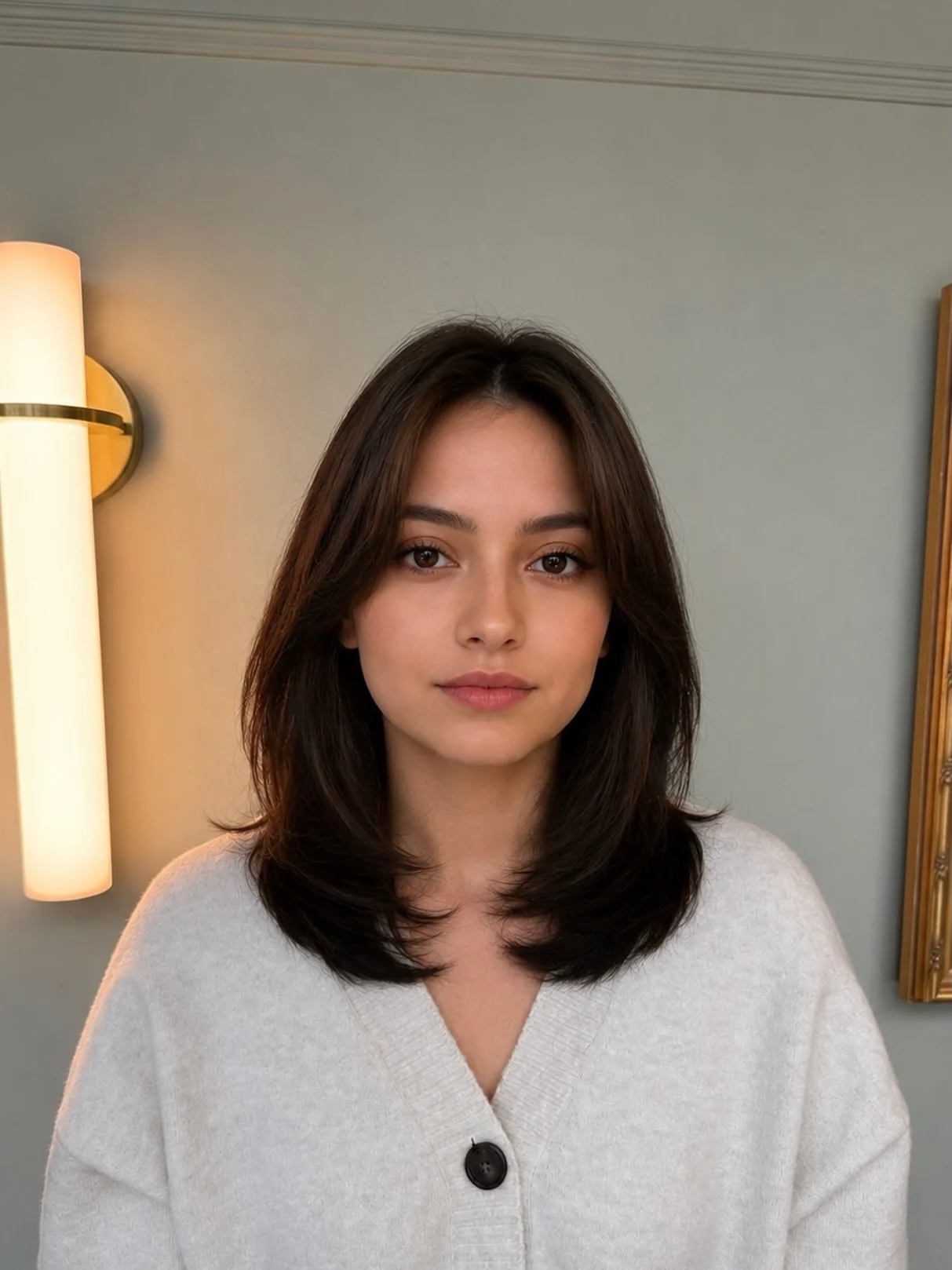 choppy medium layered hair Minimalist Shoulder-Length Layers With Soft Curtain Fringe