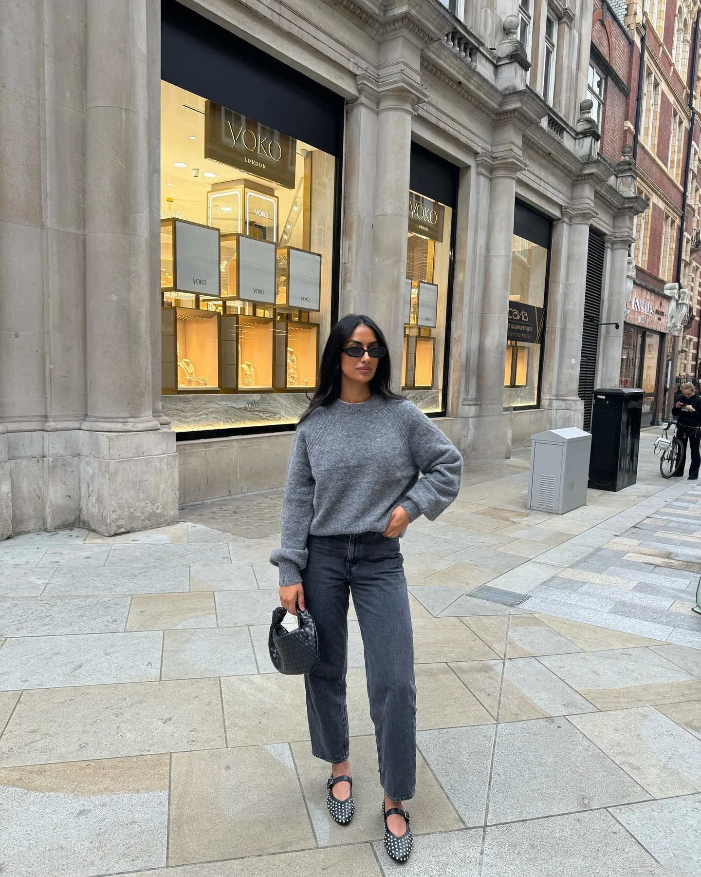 comfy fall outfits 2026 Minimal Gray Knit With Modern Dark Denim