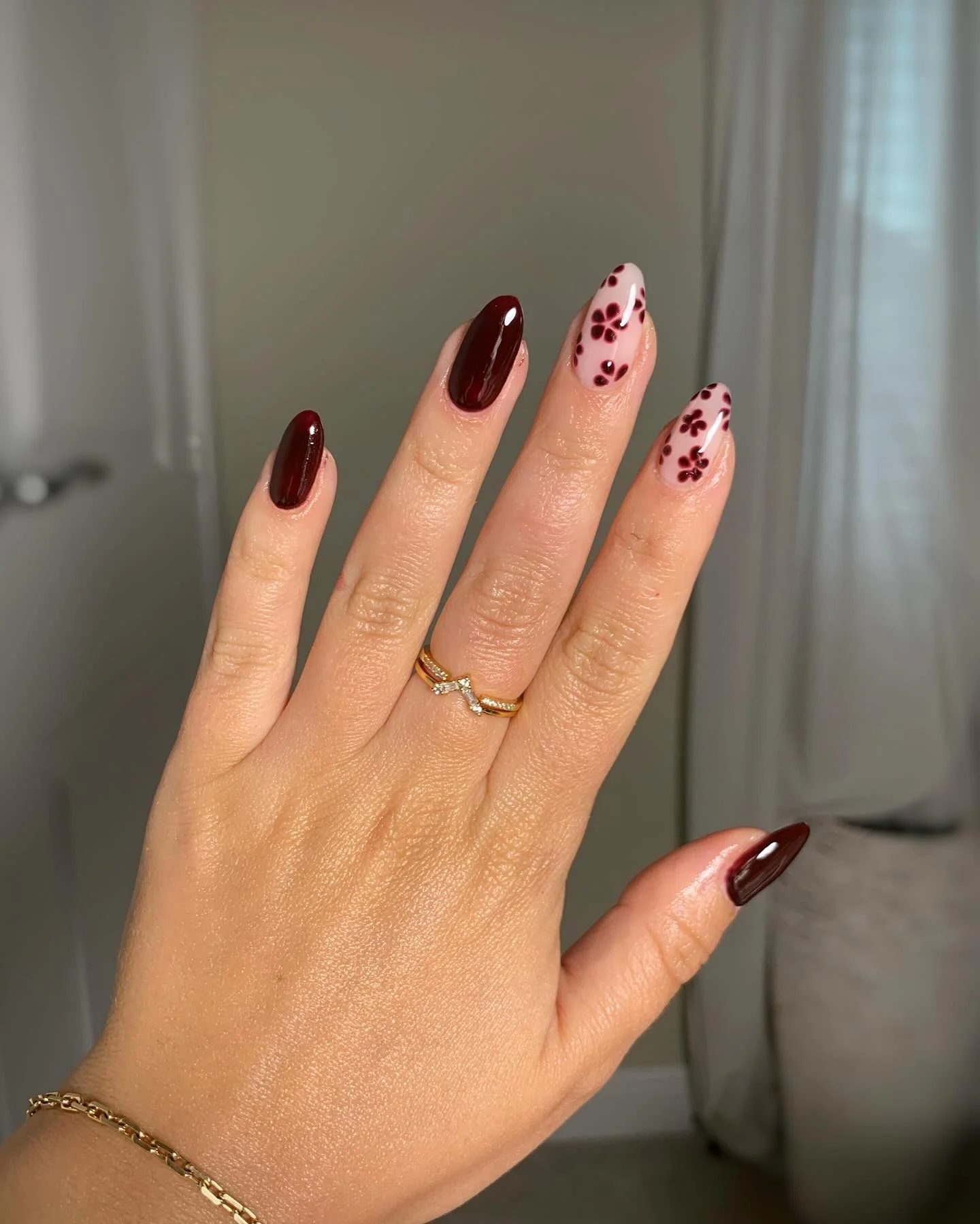 fall manicure 2026 Deep Burgundy Florals With Soft Pink Contrast