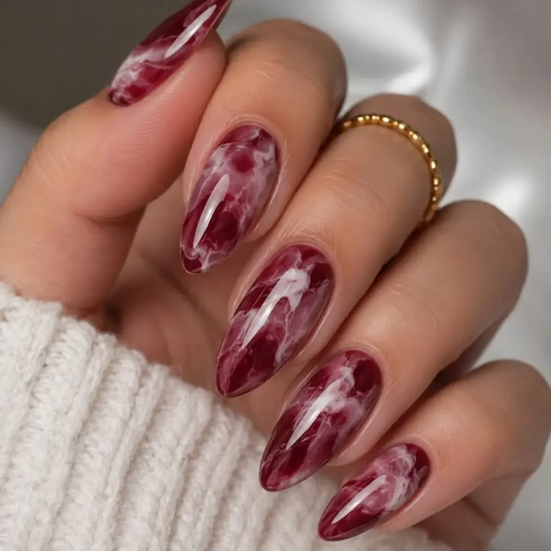 fall red nails 2026 Smoky Burgundy Marble Almond Nails