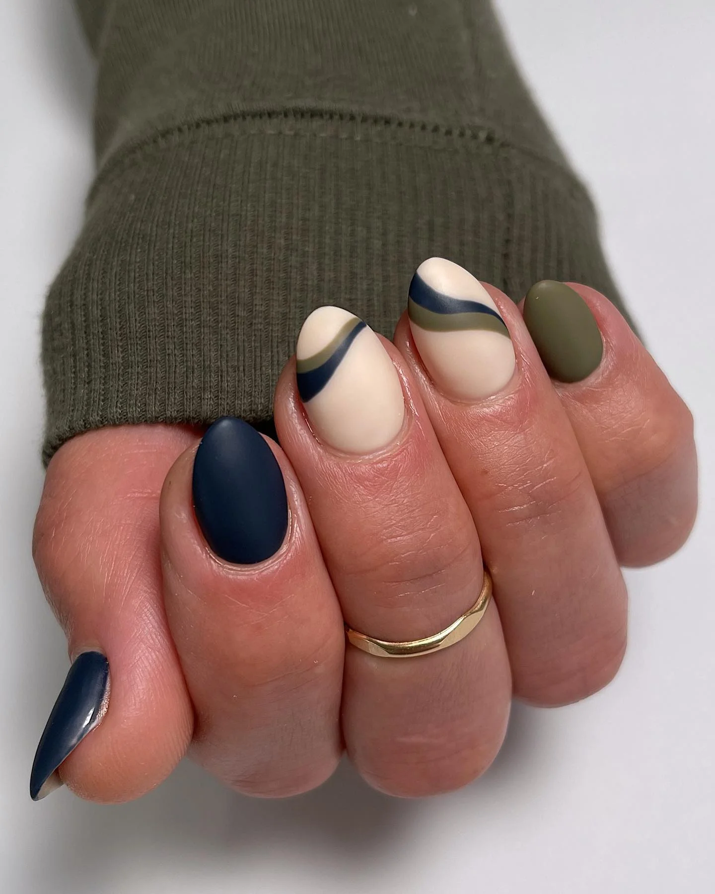 fall short nails 2026 Modern Olive And Navy Wave Nails