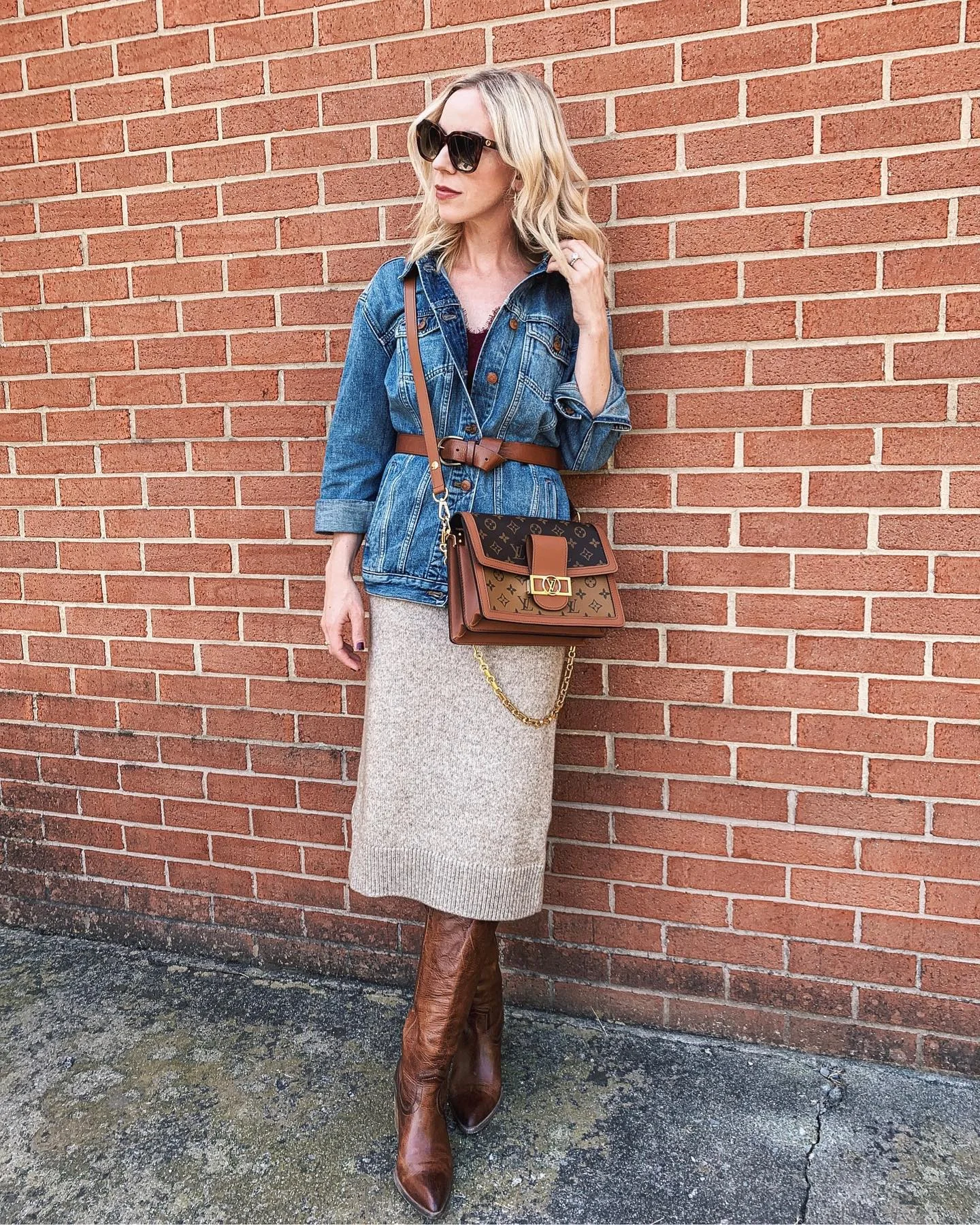 knit skirt outfits fall 2026 Classic Denim Jacket Styled With A Long Beige Knit Skirt