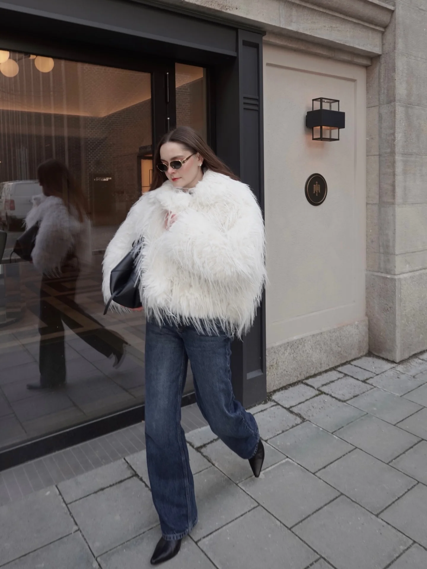 shaggy jacket Elegant White Texture With Dark Denim Balance